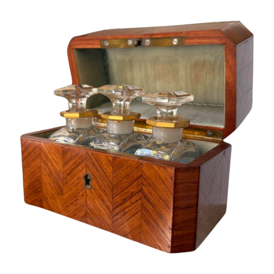 French Perfume Casket with Inlaid Marquetry & Crystal Bottles