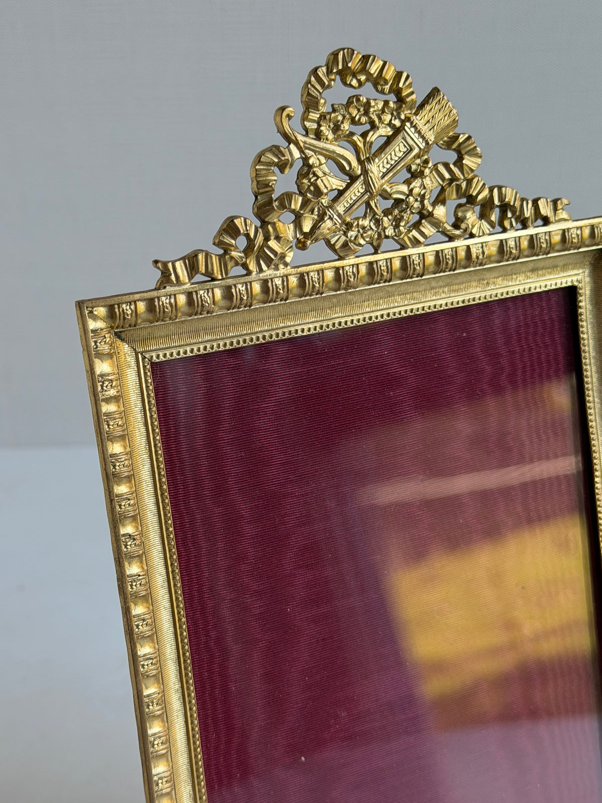 Antique French Bronze Picture Frame with Ribbon & Floral Crest