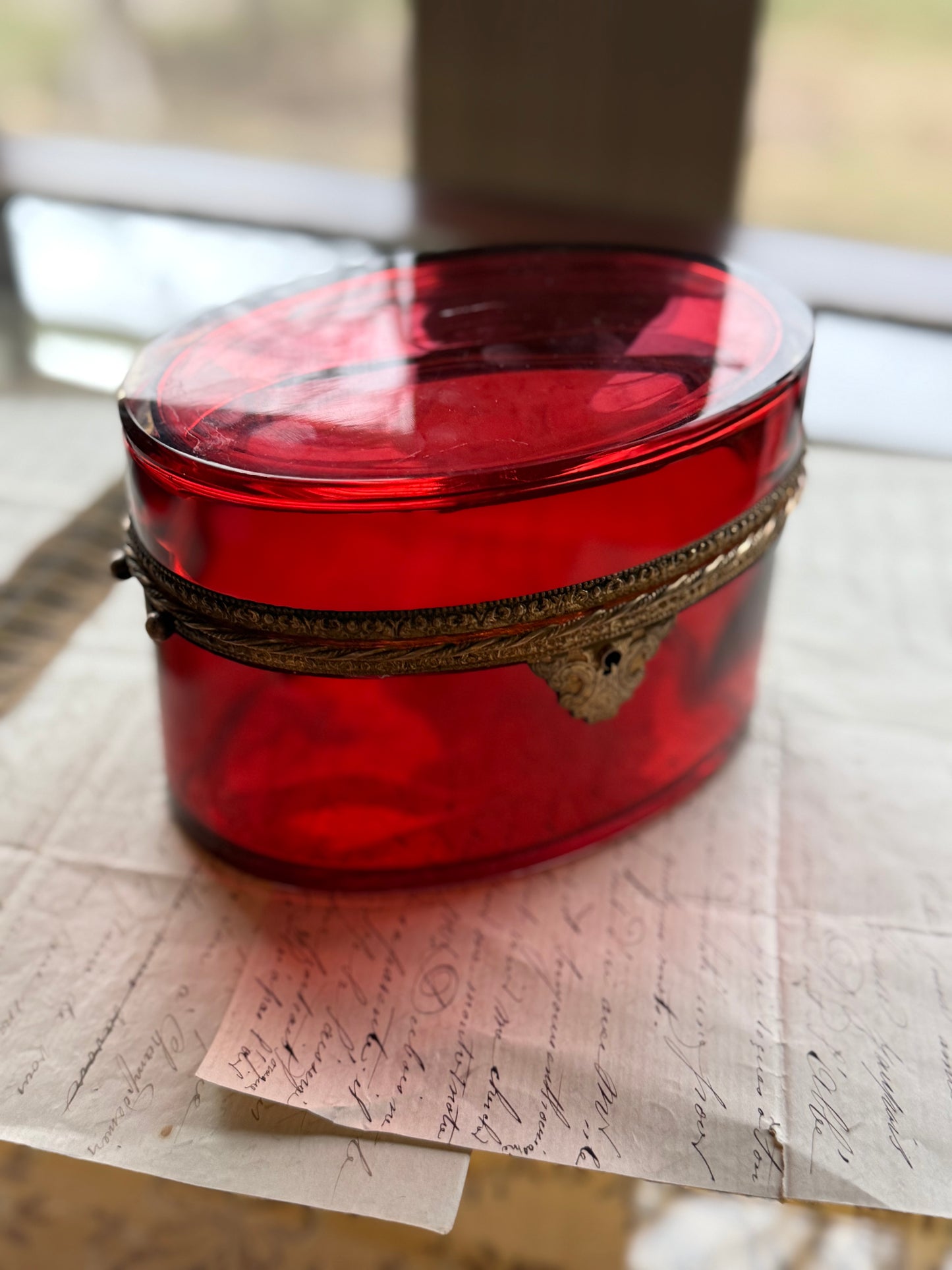 Antique Bohemian Ruby Glass Casket with Gilt Bronze Mounts