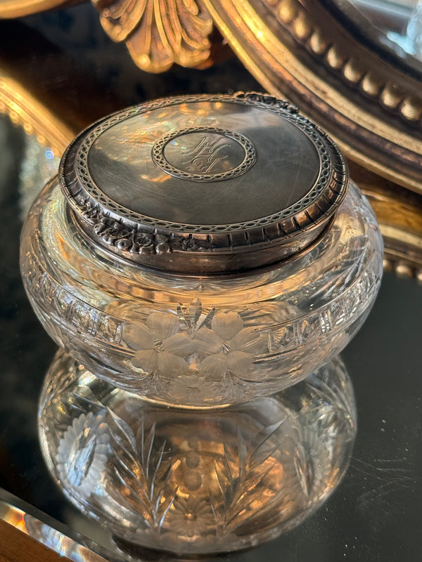 Antique Sterling Silver and Cut Crystal Vanity Jar with Monogrammed Lid