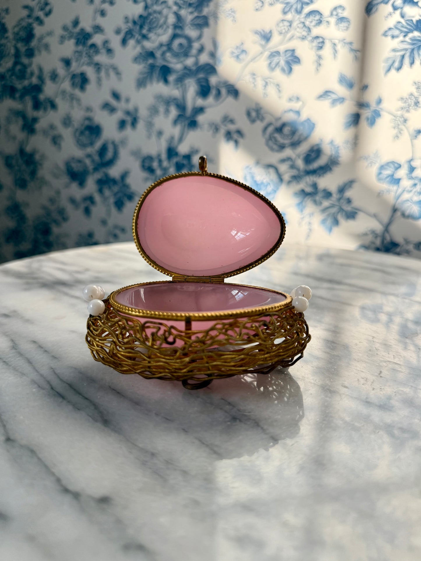 Antique French Pink Opaline Egg in Gilt Bronze Nest