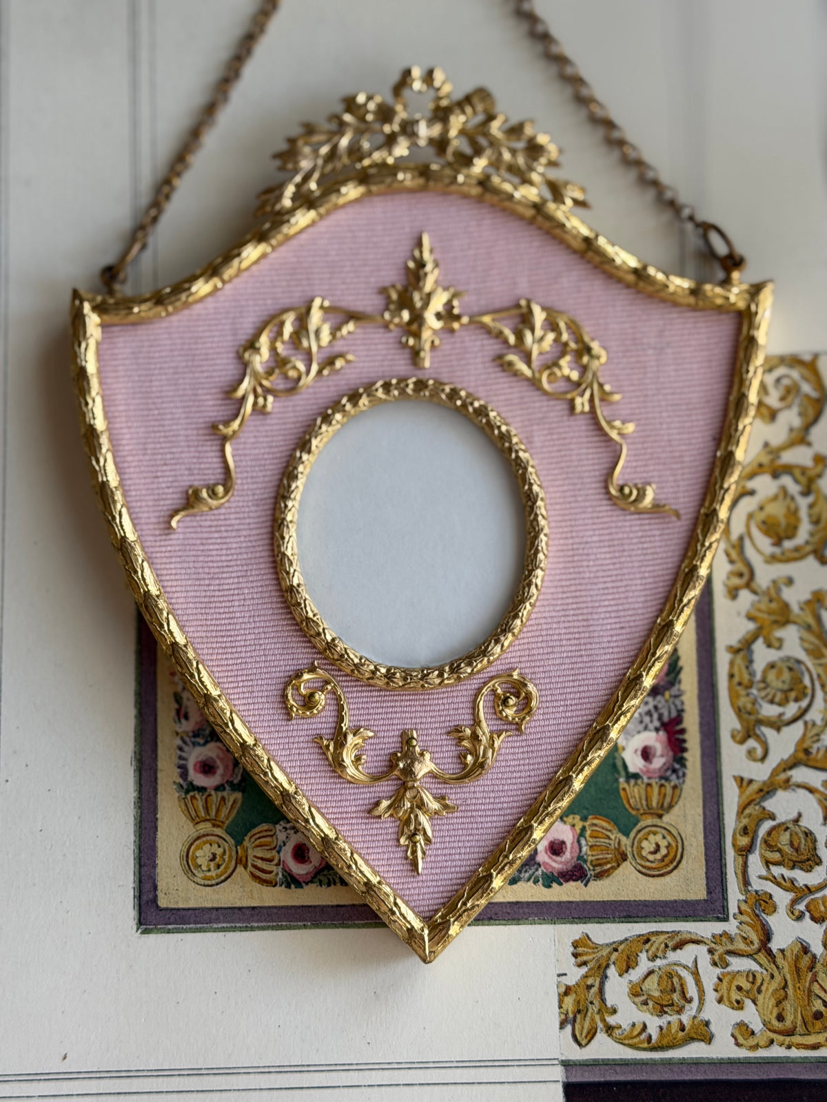 Antique French Shield Frame in Gilt Bronze and Pink Silk