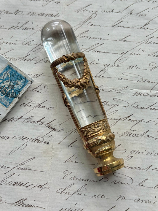 Antique French Wax Seal — Crystal Handle, Gilded Bronze Garland Mount, Engraved Monogram, Napoleon III, 19th Century