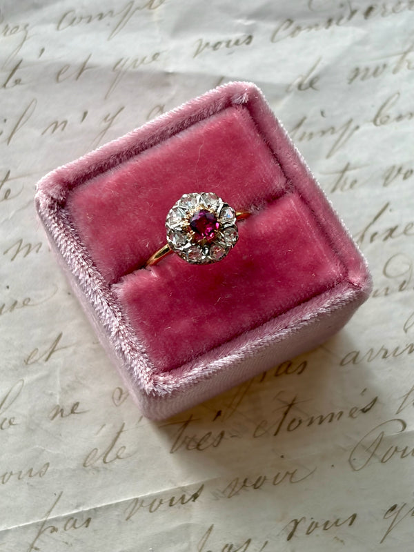 Vintage Ruby & Diamond Halo Ring in 18ct Gold & Platinum
