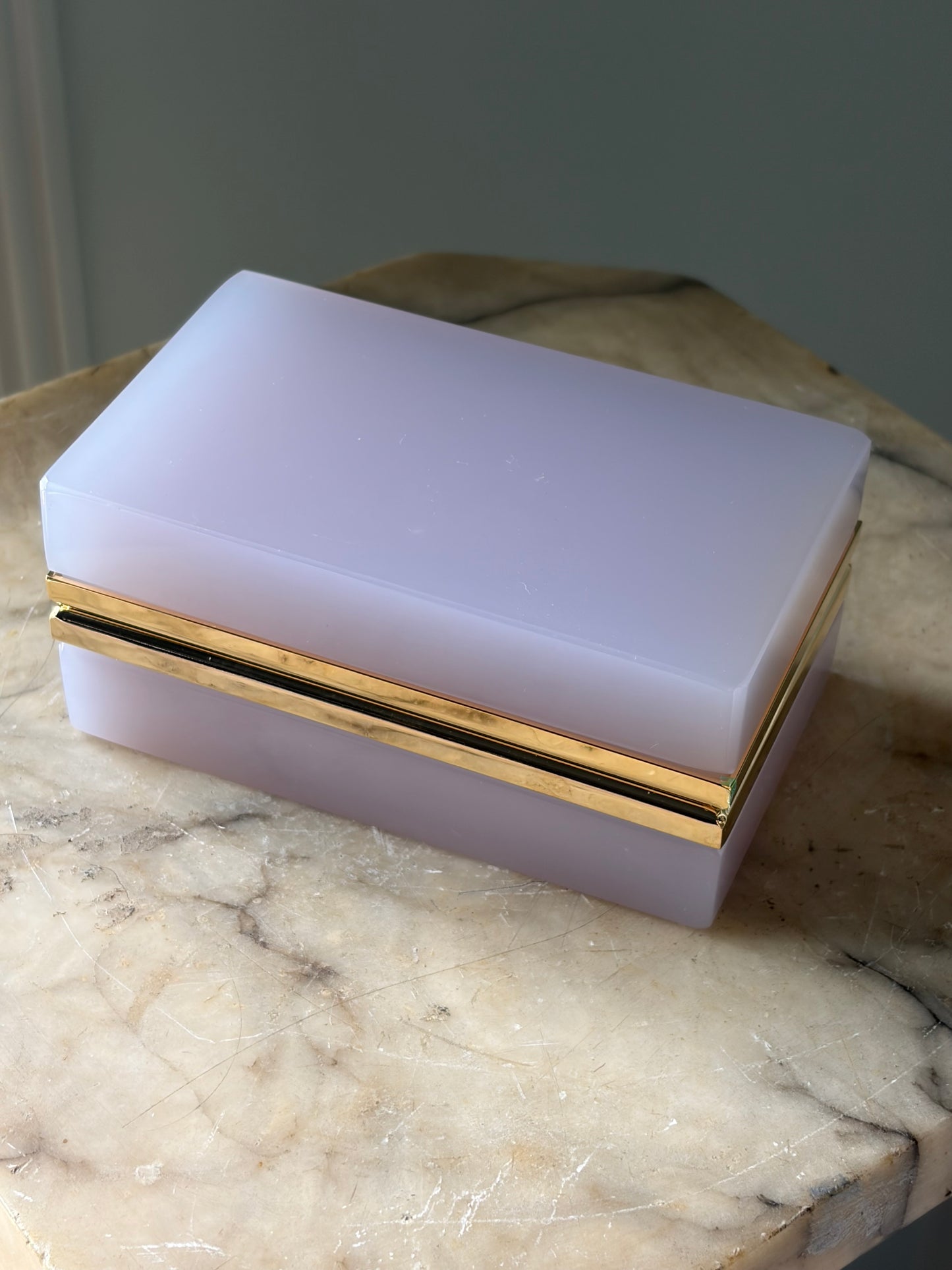 Vintage Alexandrite Opaline Box — Pale Lavender Glass with Gold Brass Mounts
