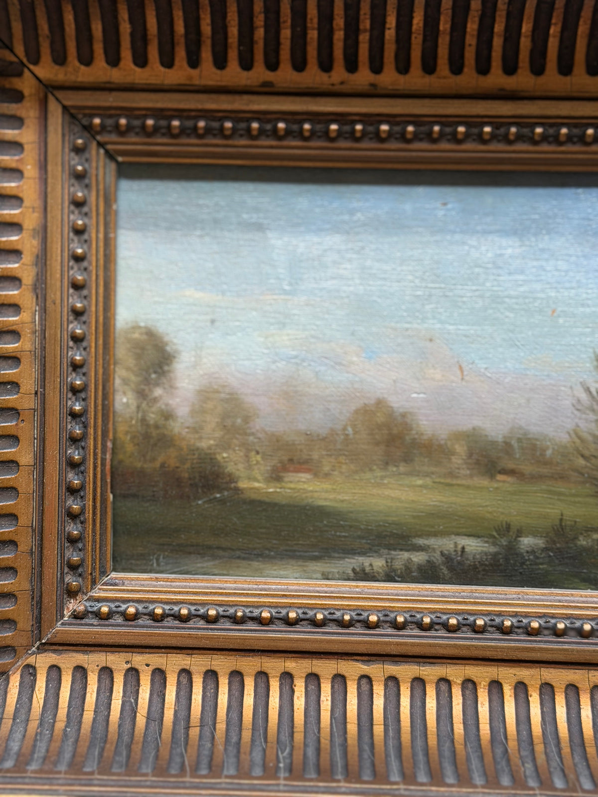 Antique French Oil on Panel Landscape in Carved Giltwood Frame