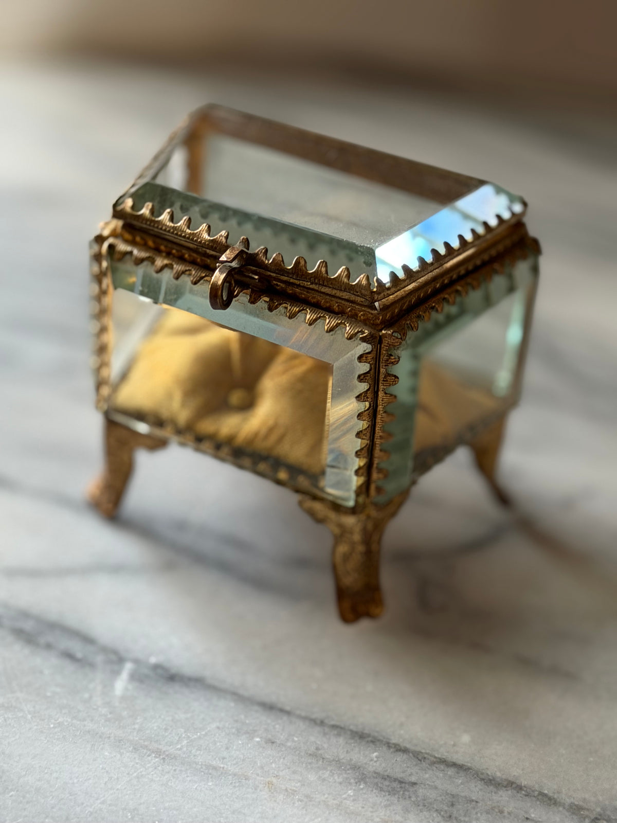 Antique French Beveled Glass Jewelry Casket with Gilt Brass Frame and Silk Cushion