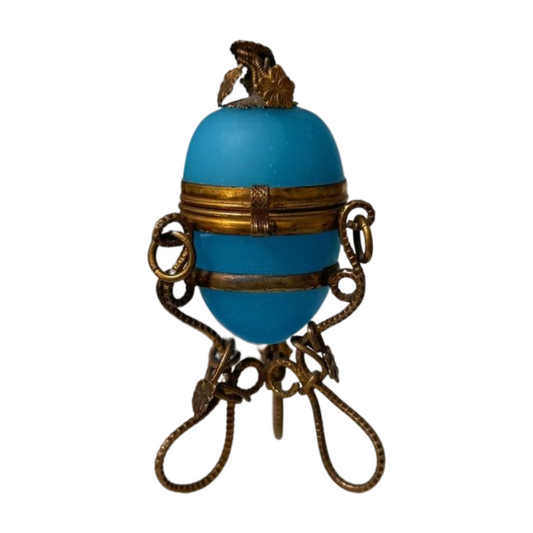 Antique French Blue Opaline Egg Casket on Stand