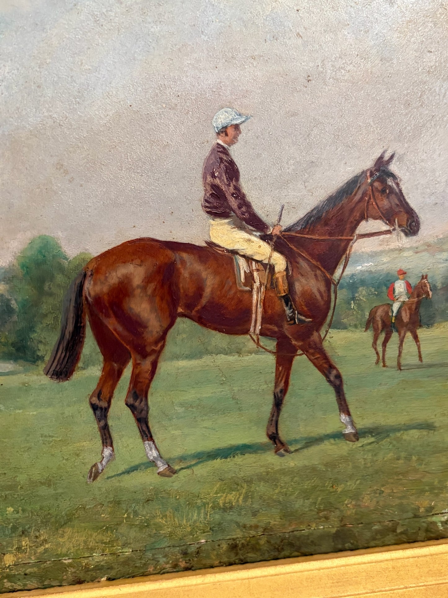 Late 19th Century French Sporting Oil on Panel — Two Jockeys at the Post, Original Giltwood Frame