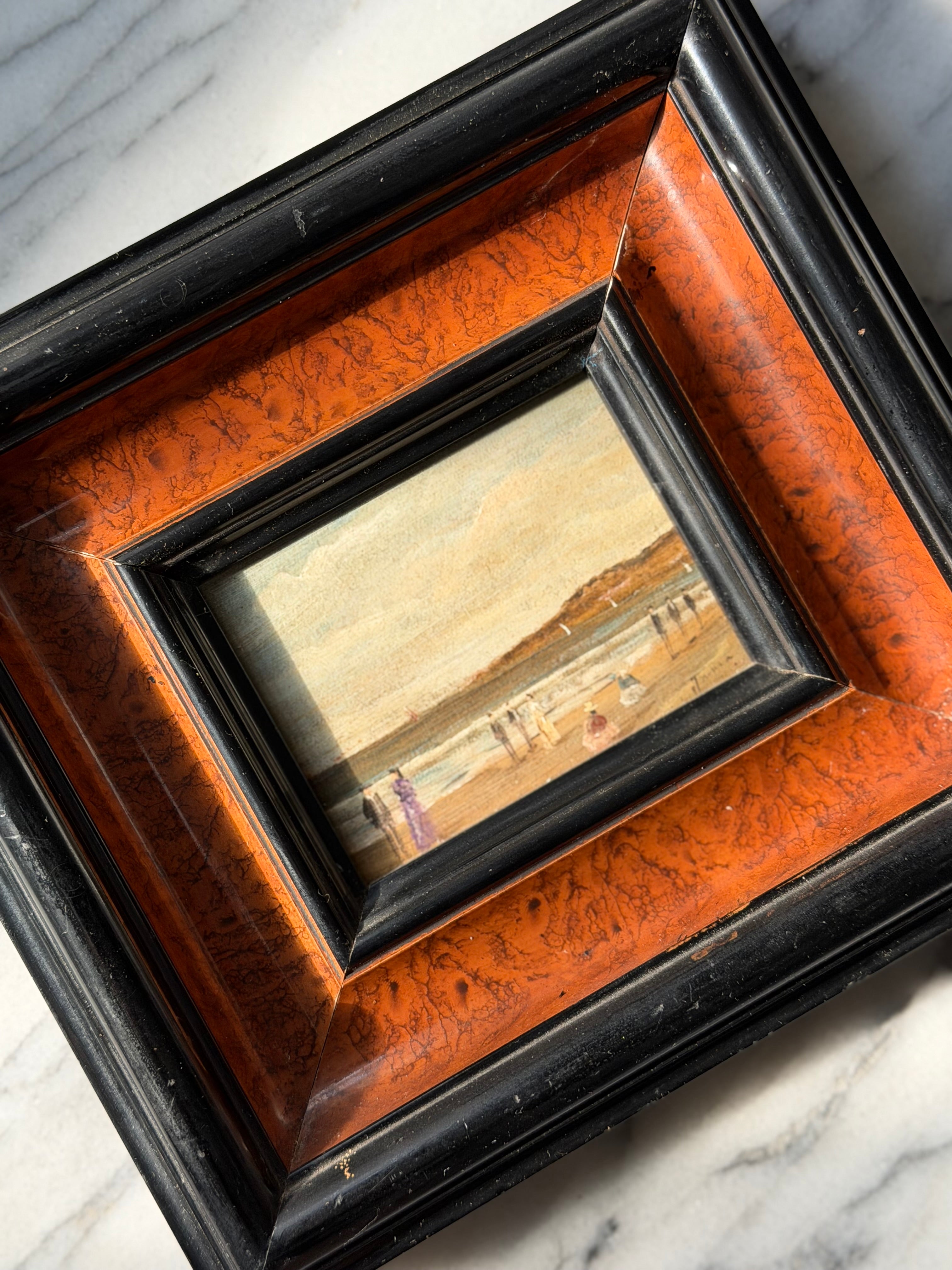 Antique French Beach Scene Painting on Board
