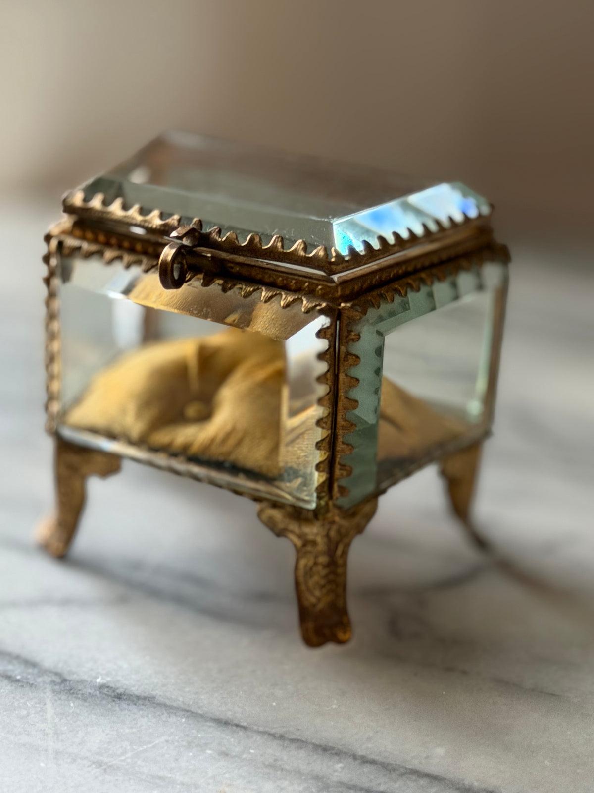 Antique French Beveled Glass Jewelry Casket with Gilt Brass Frame and Silk Cushion