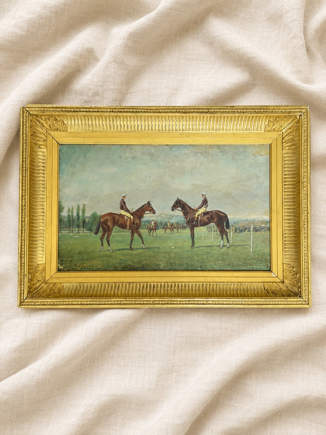 Late 19th Century French Sporting Oil on Panel — Two Jockeys at the Post, Original Giltwood Frame