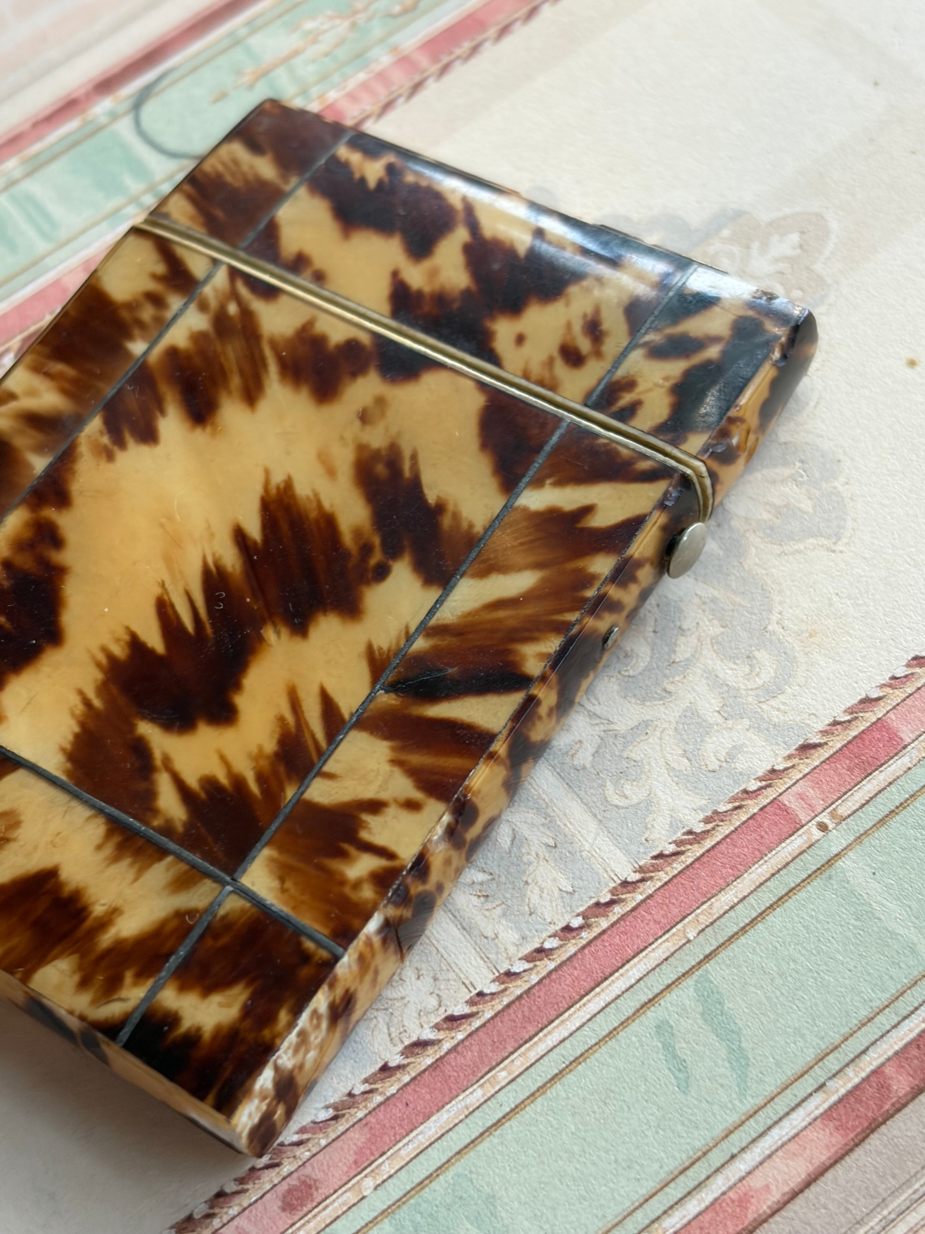 Antique Tortoiseshell Card Case with Silver Piqué Inlay