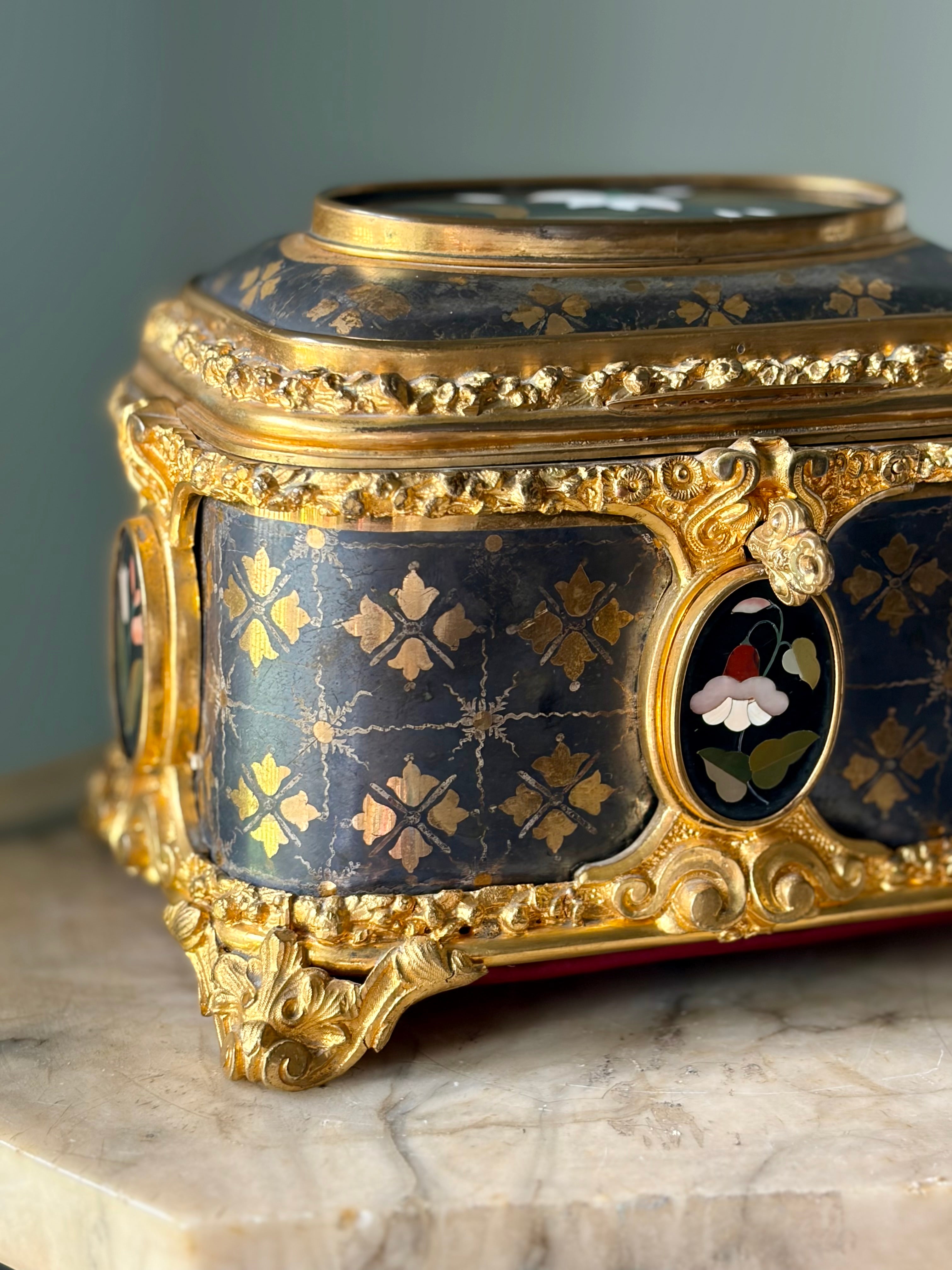 Antique Pietra Dura Box — Black Stone Inlay with Ormolu Mounts, 19th Century