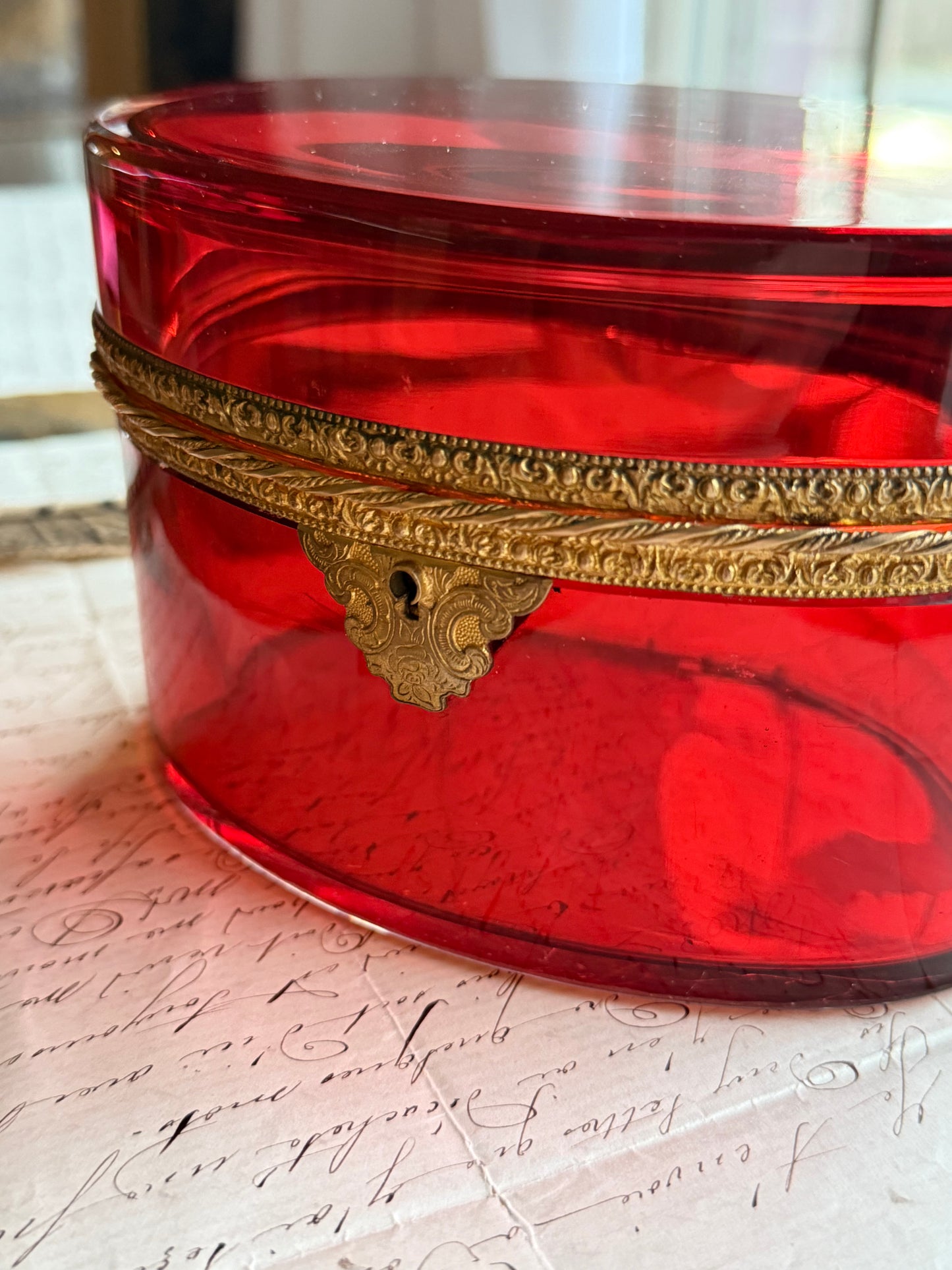 Antique Bohemian Ruby Glass Casket with Gilt Bronze Mounts