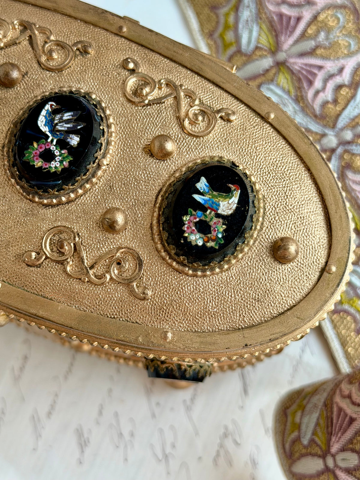 Antique Bronze Micro-Mosaic Perfume Casket with Three Bottles