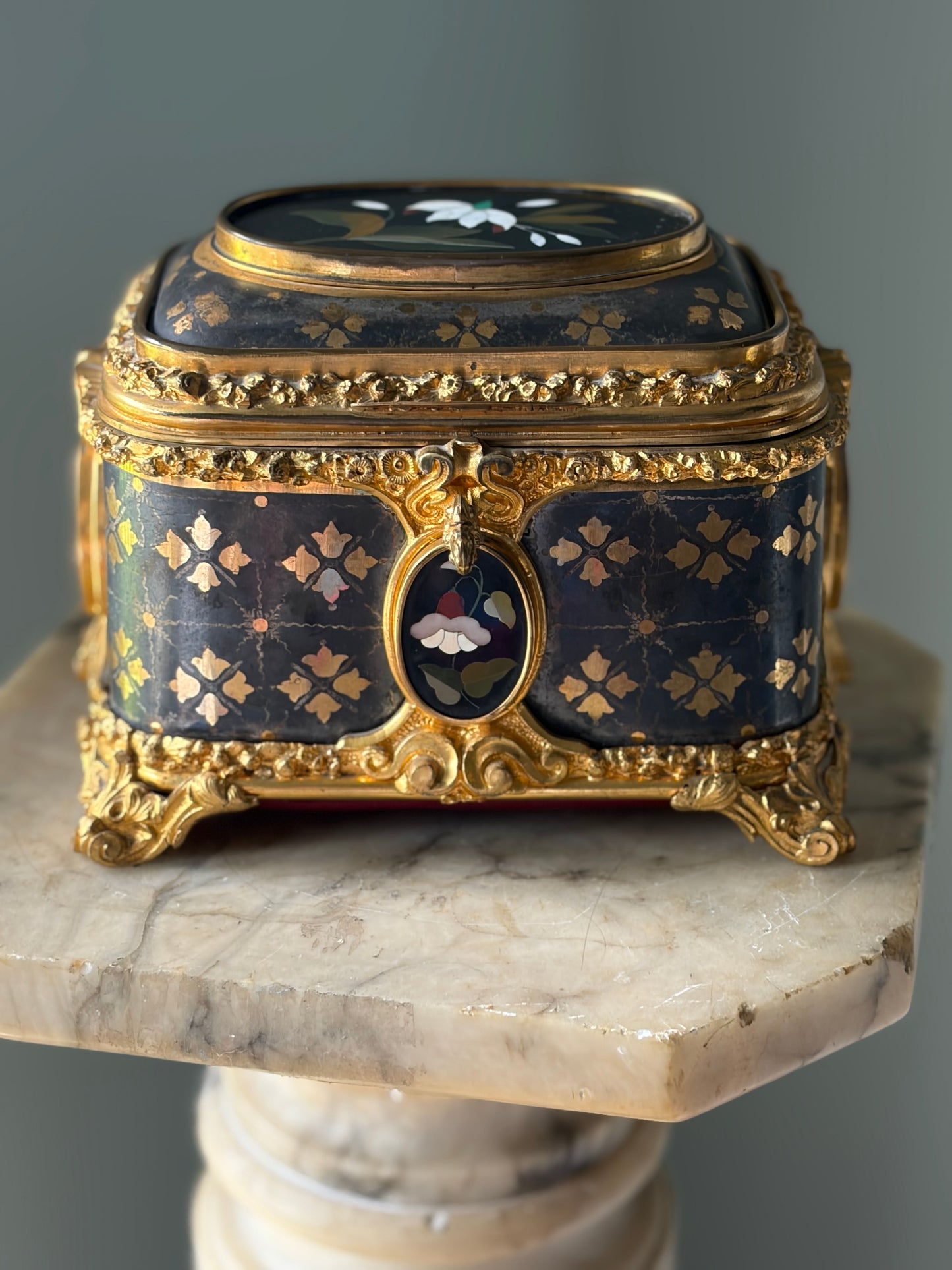 Antique Pietra Dura Box — Black Stone Inlay with Ormolu Mounts, 19th Century