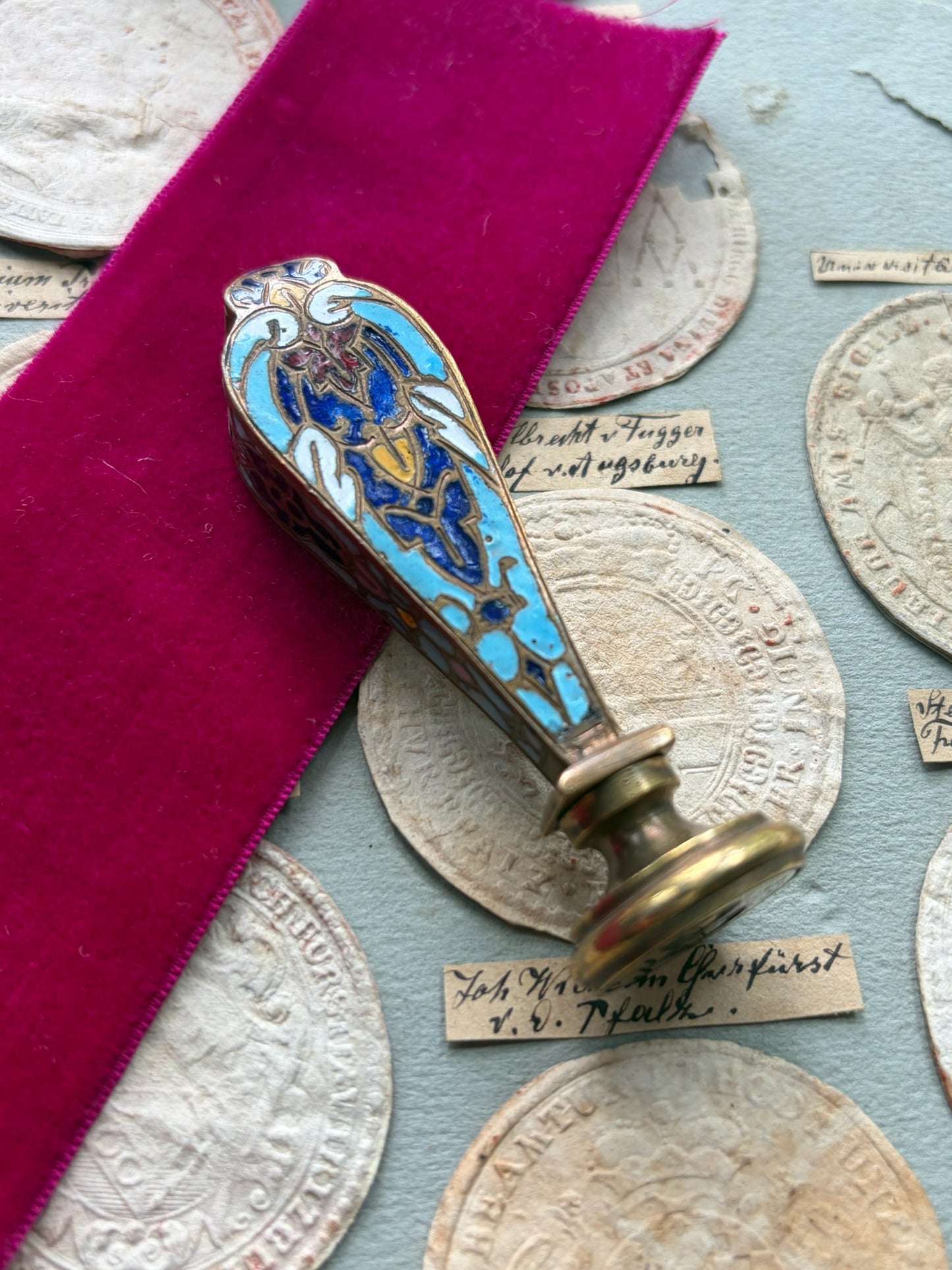 Antique French Champlevé Enamel Wax Seal — Polychrome Bird Motif, Engraved Initial, 19th Century