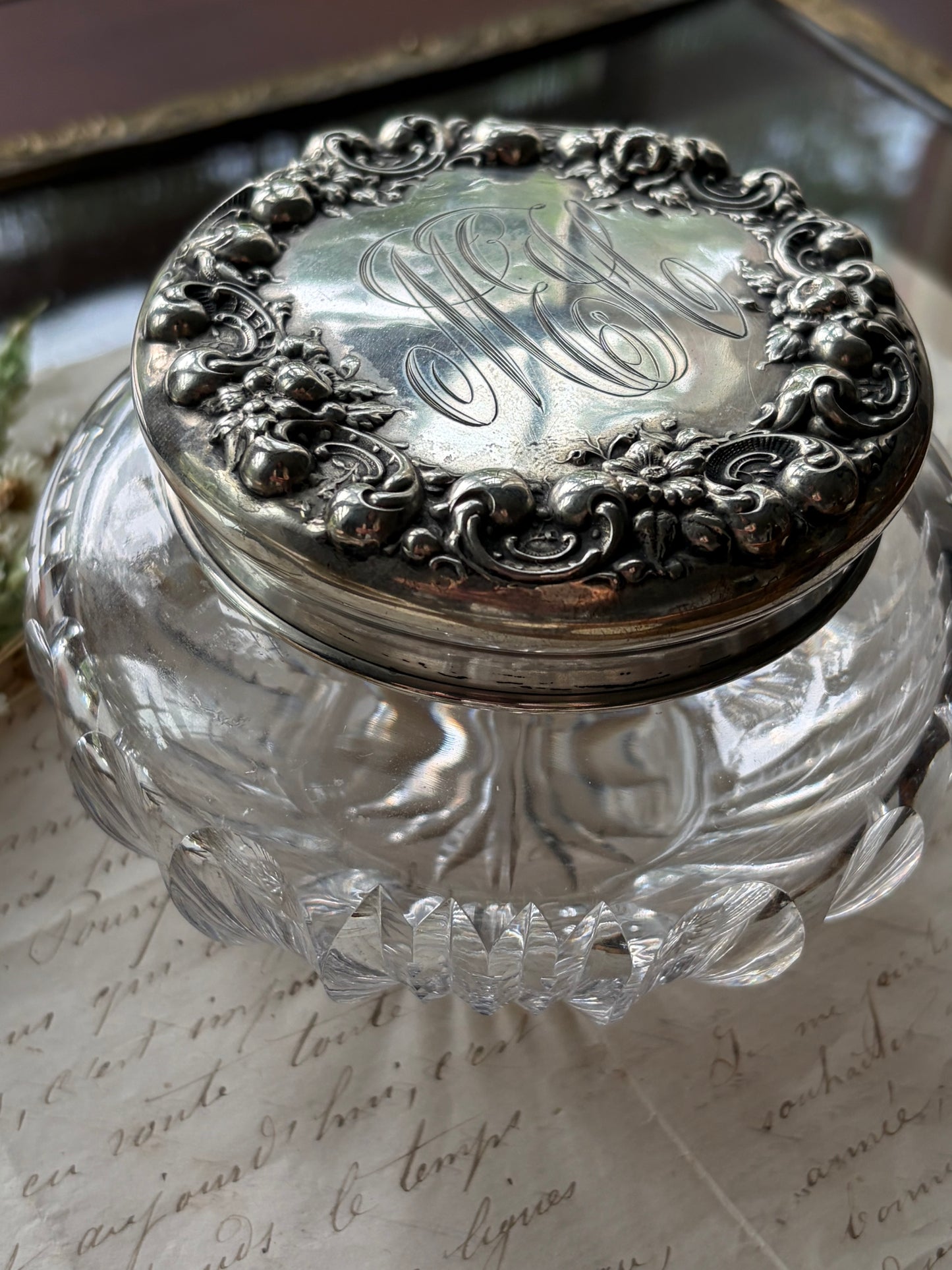Antique Crystal Powder Jar with Sterling Silver Lid