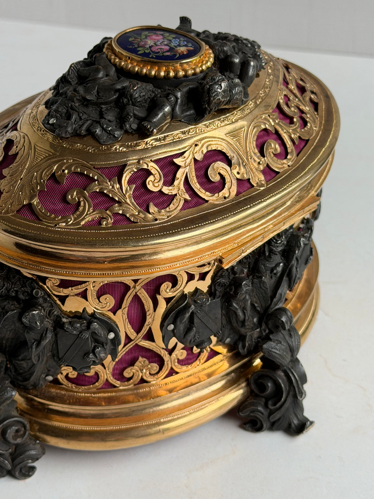 Antique French Tahan Paris Gilt Bronze Casket with Floral Medallion