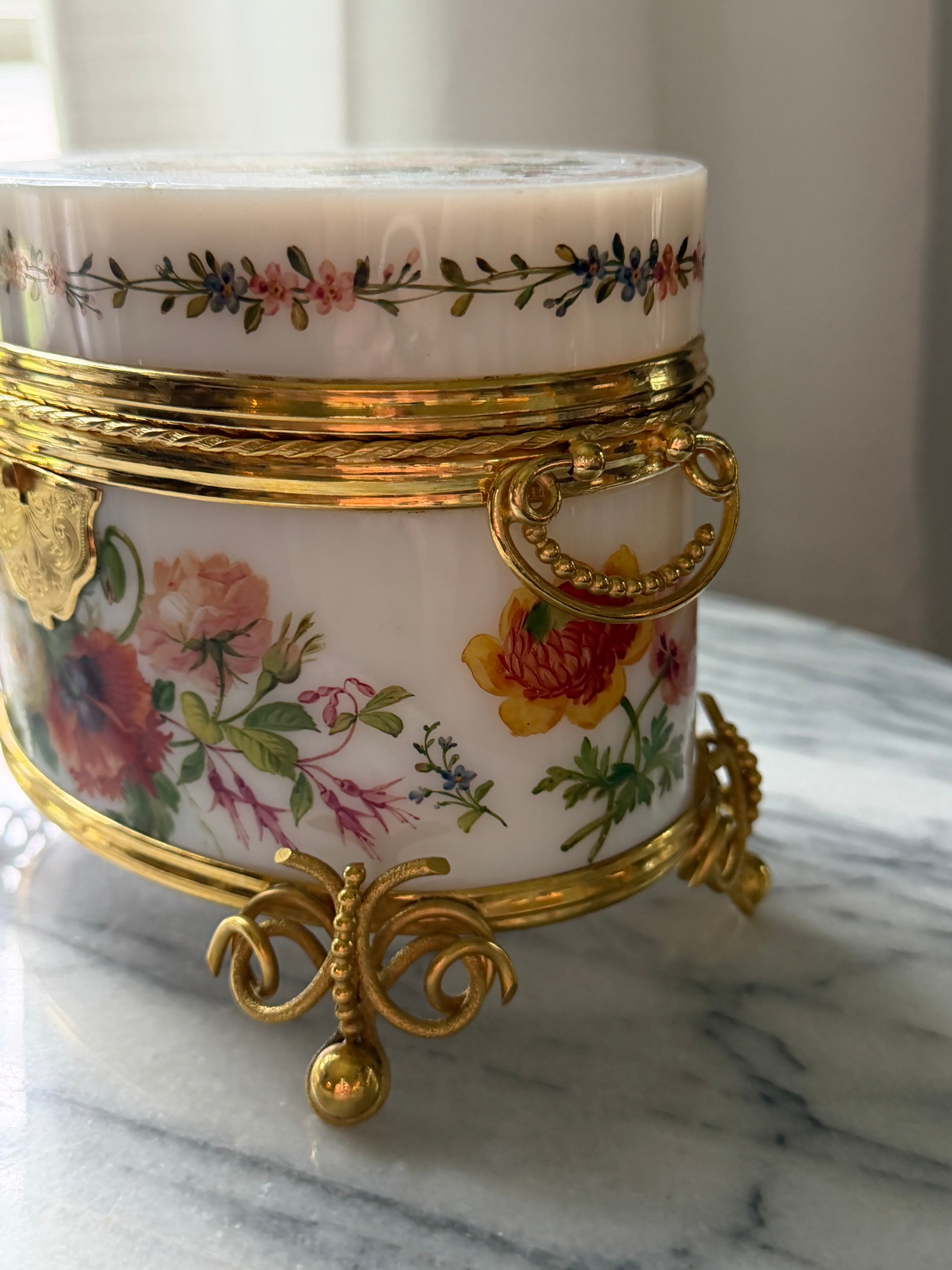 Antique French Opaline Floral Casket with Gilt Bronze Mounts