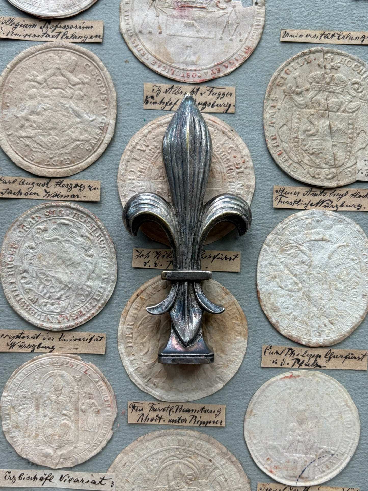 Antique French Wax Seal — Sculptural Fleur-de-Lis Handle, Silver Plate, Engraved Monogram, 19th Century