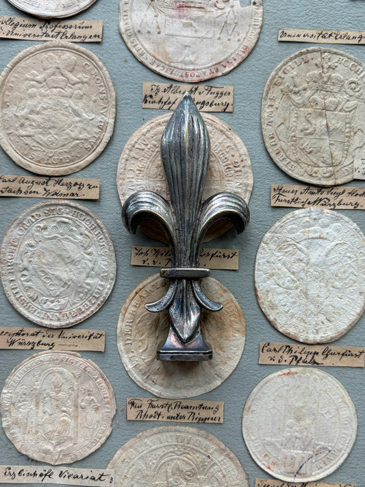 Antique French Wax Seal — Sculptural Fleur-de-Lis Handle, Silver Plate, Engraved Monogram, 19th Century