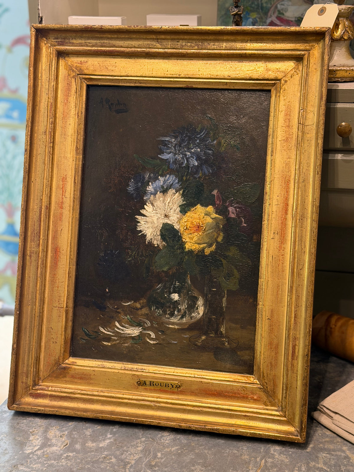 Antique French Floral Oil Painting on Board – Signed A. Rouby