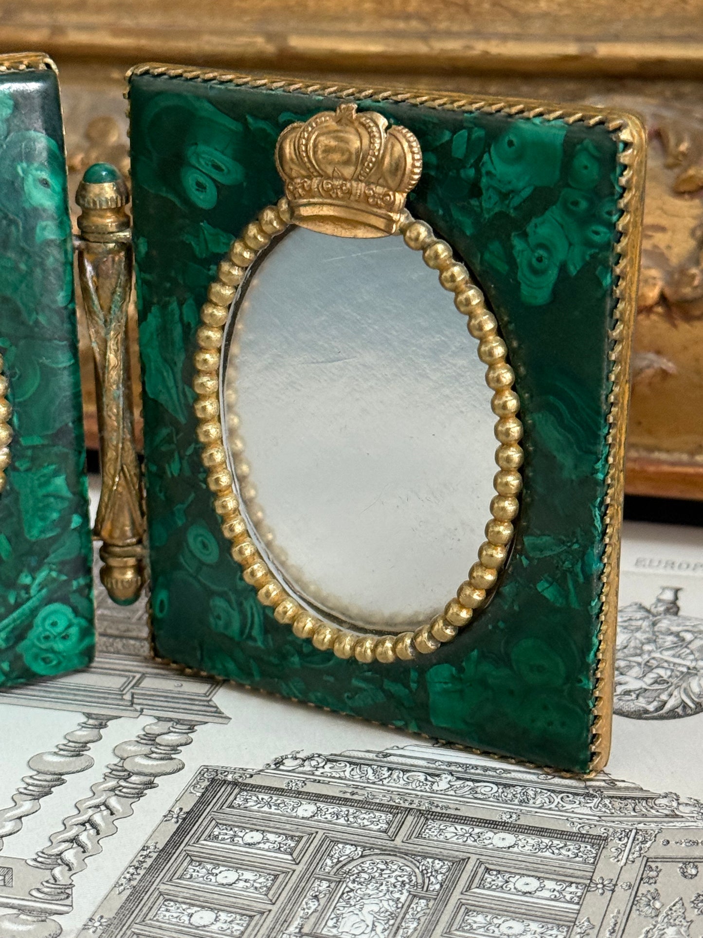 Antique Malachite Double Photo Frame with Gilt Bronze Mounts