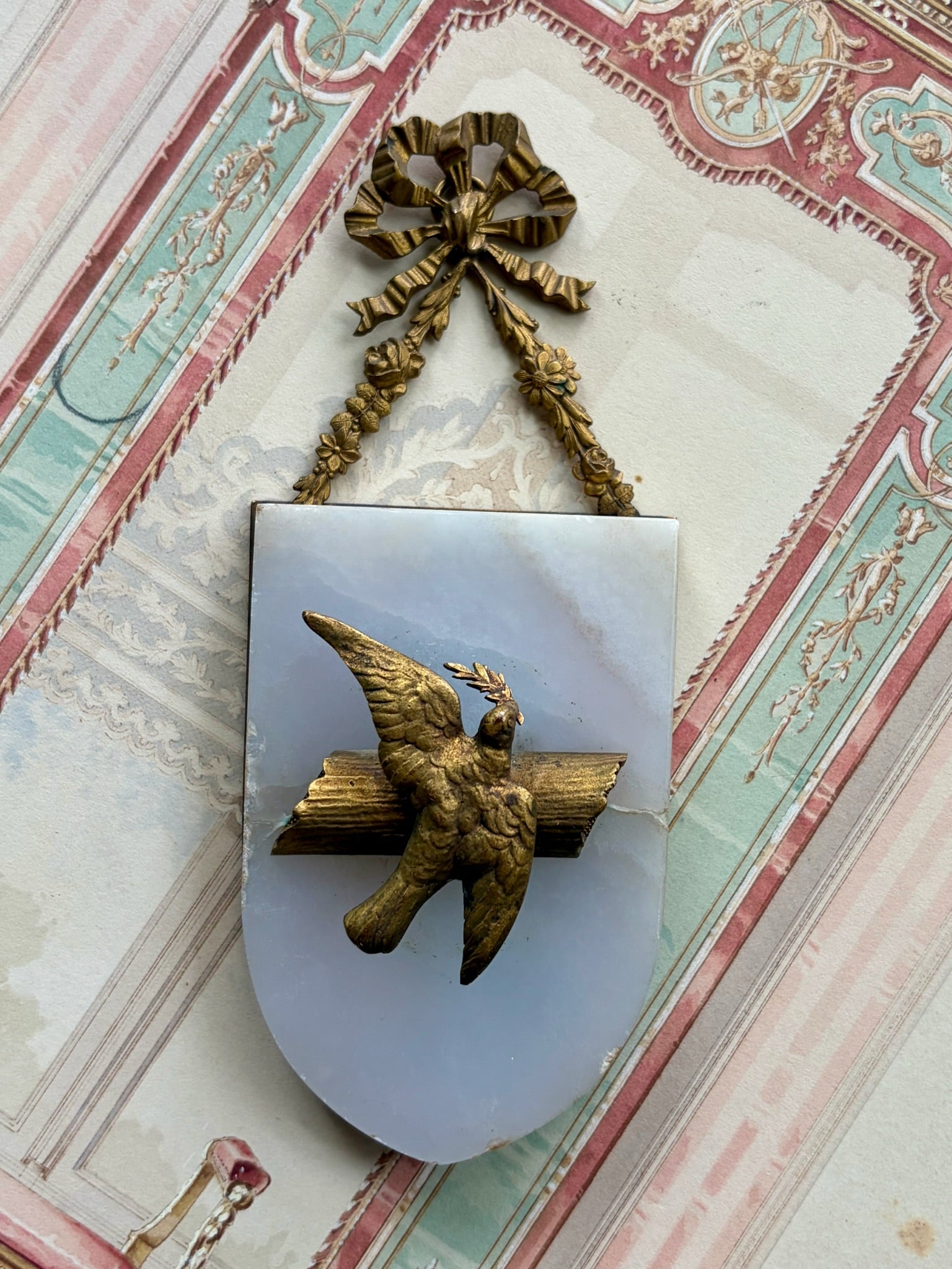 French Alabaster & Gilt Bronze Dove Wall Plaque