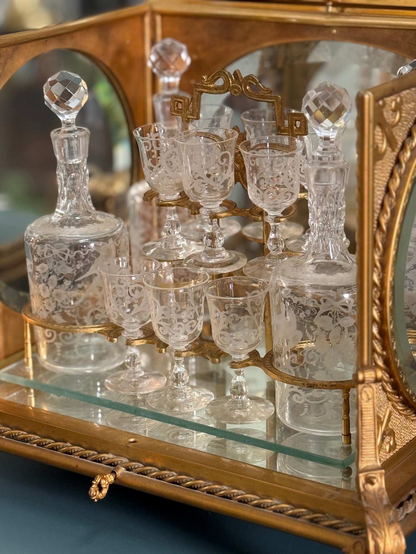 Antique French Gilt Bronze Cave à Liqueur with Etched Crystal