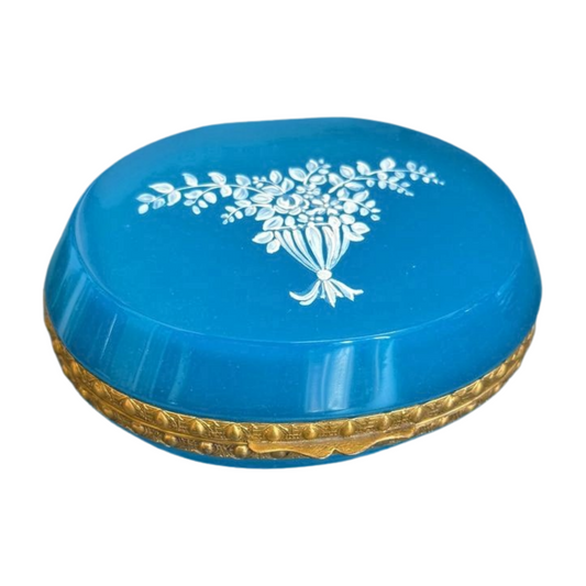 Vintage Blue Opaline Glass Casket with Enamel Floral Decoration