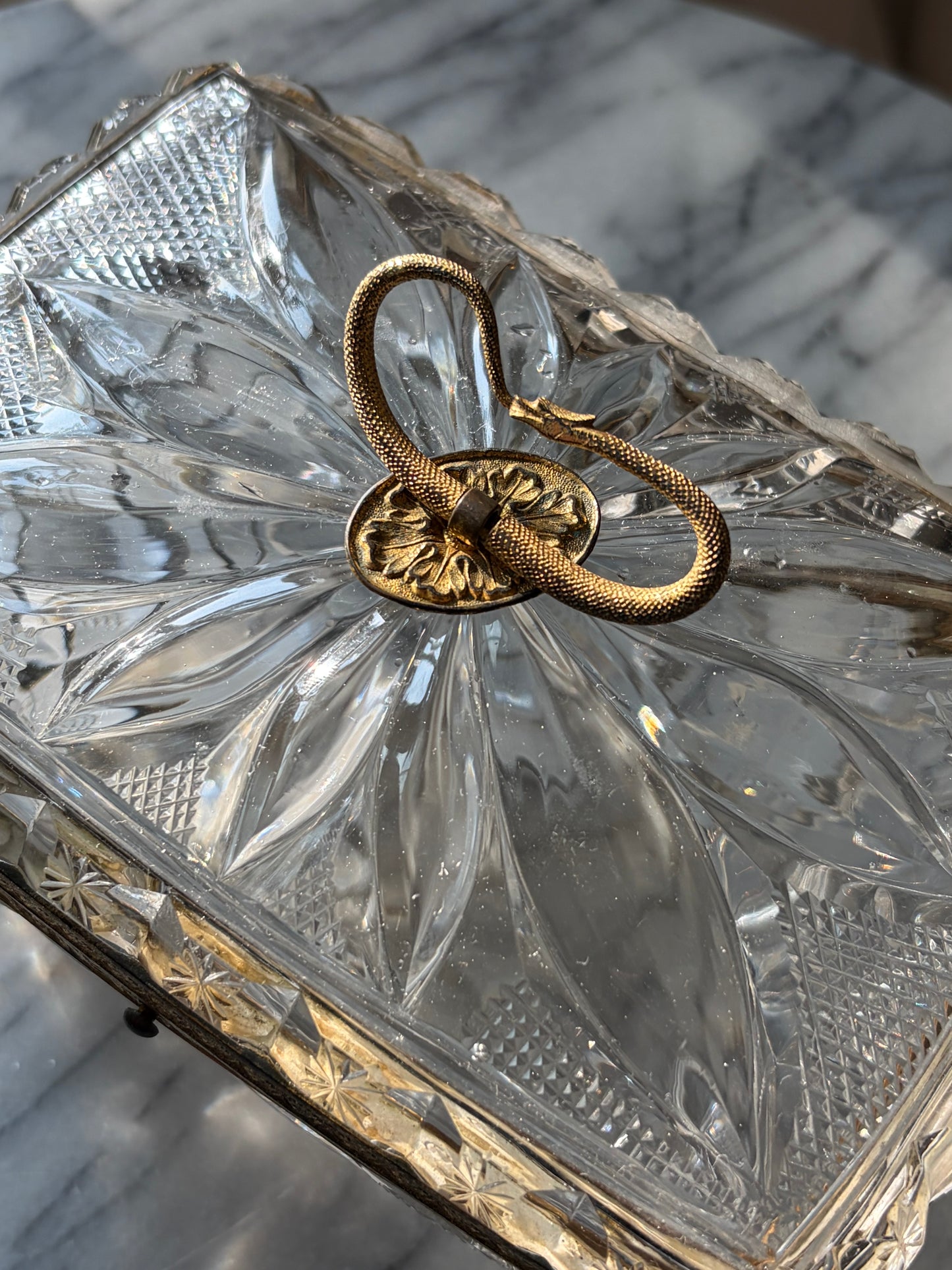 Antique French Crystal Casket with Serpent Handle
