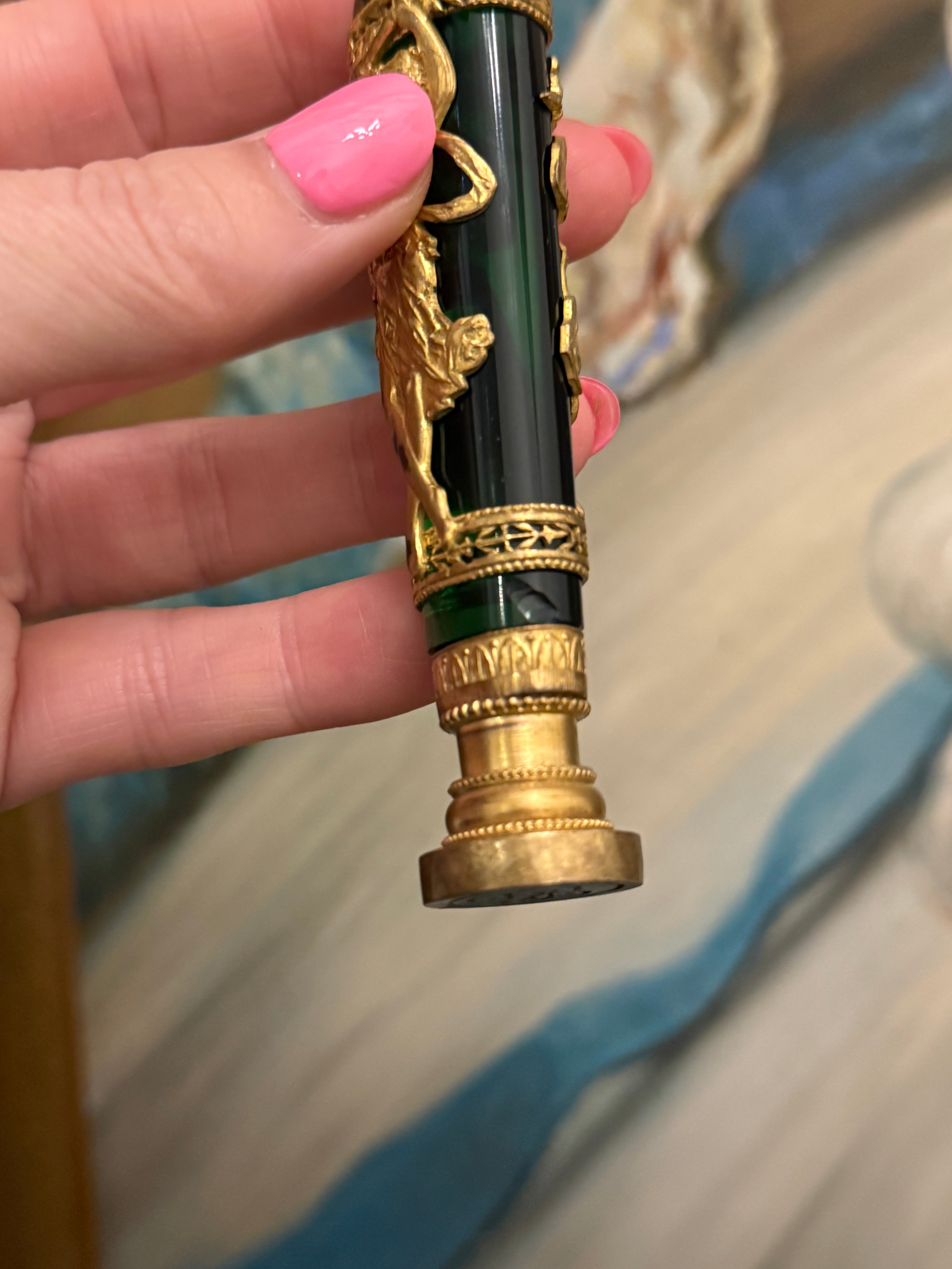 Antique French Emerald Glass Wax Seal with Gilt Bronze