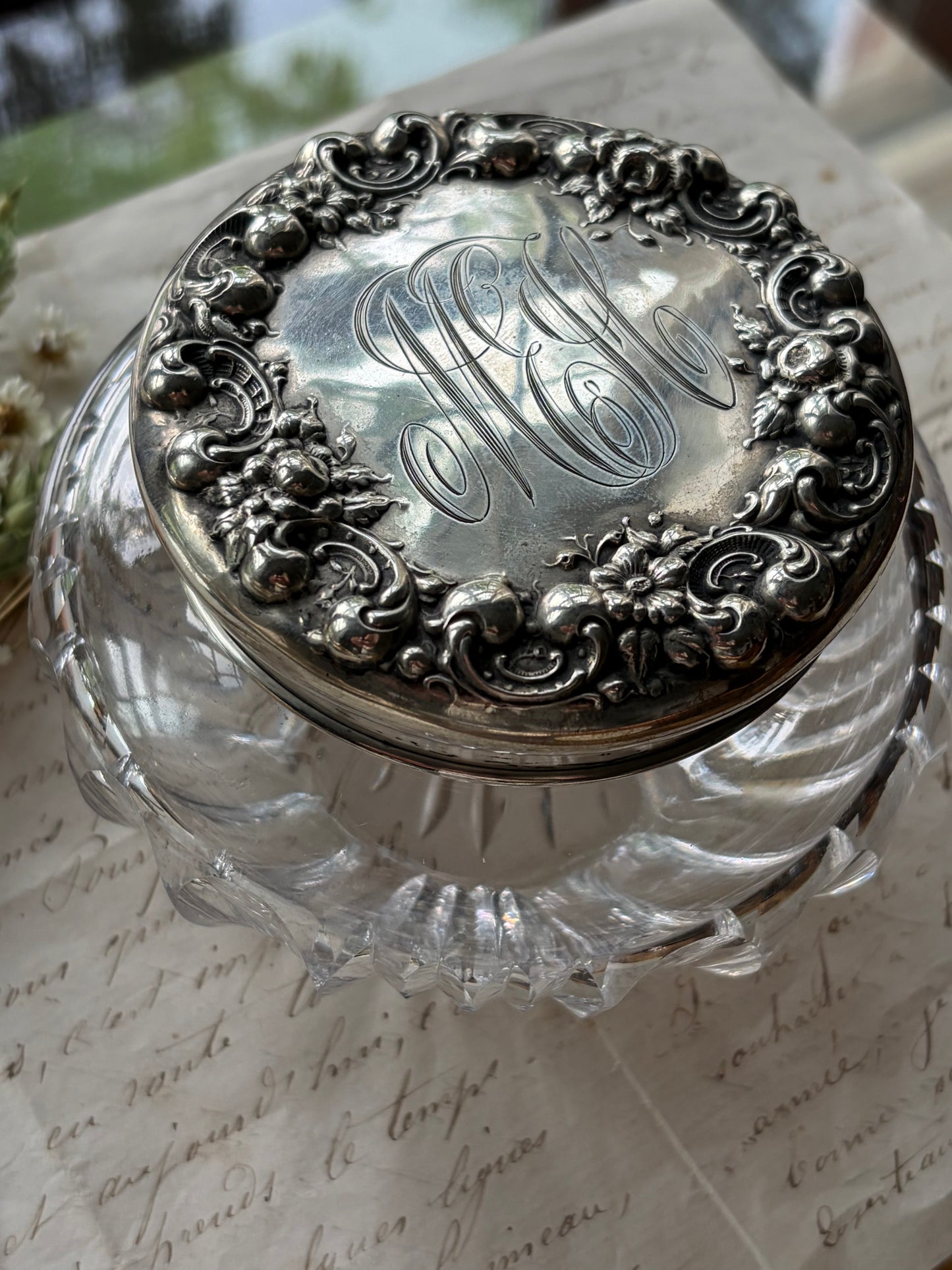 Antique Crystal Powder Jar with Sterling Silver Lid