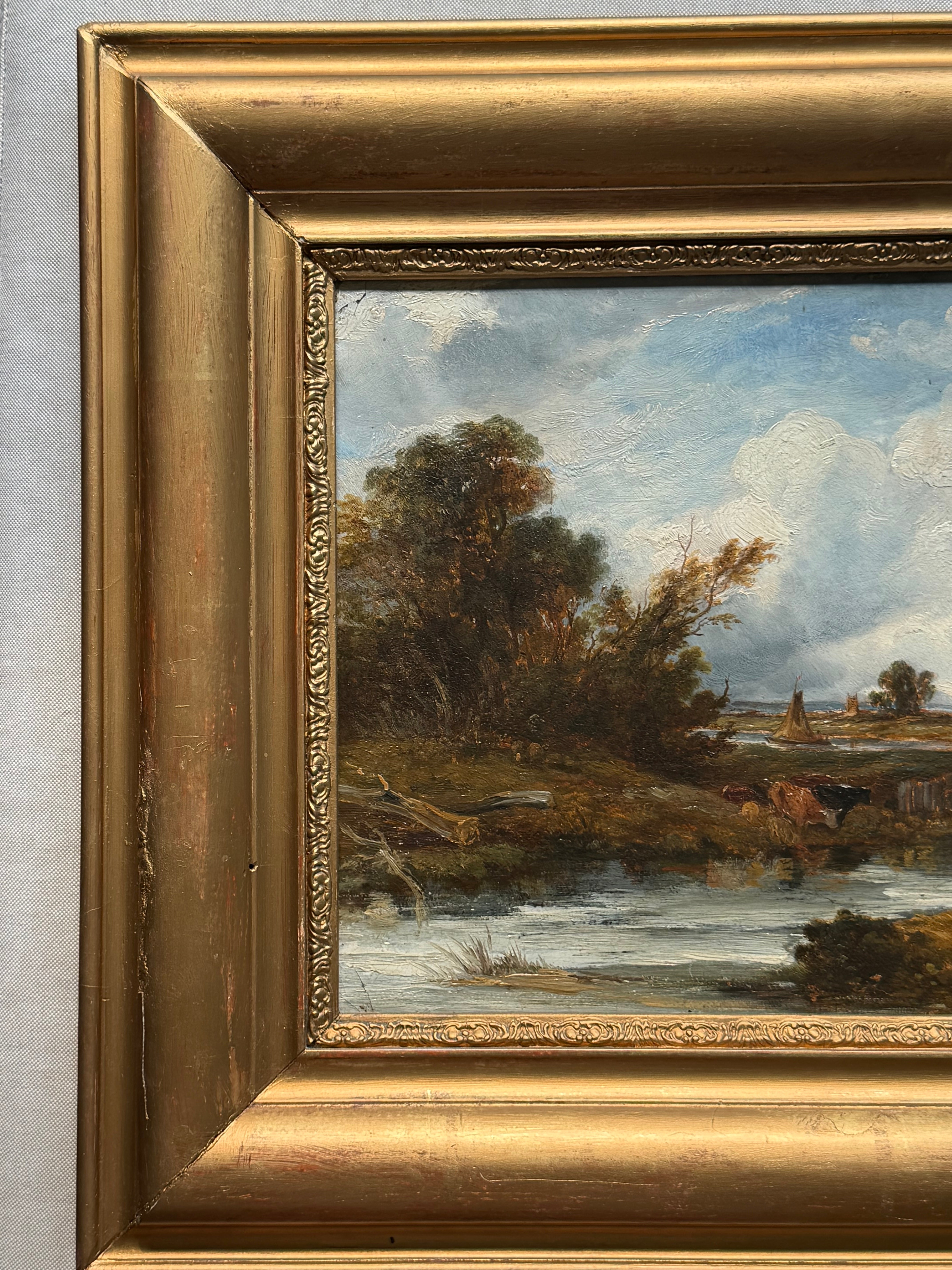 English School, 19th Century — River Landscape with Brick Bridge and Cattle