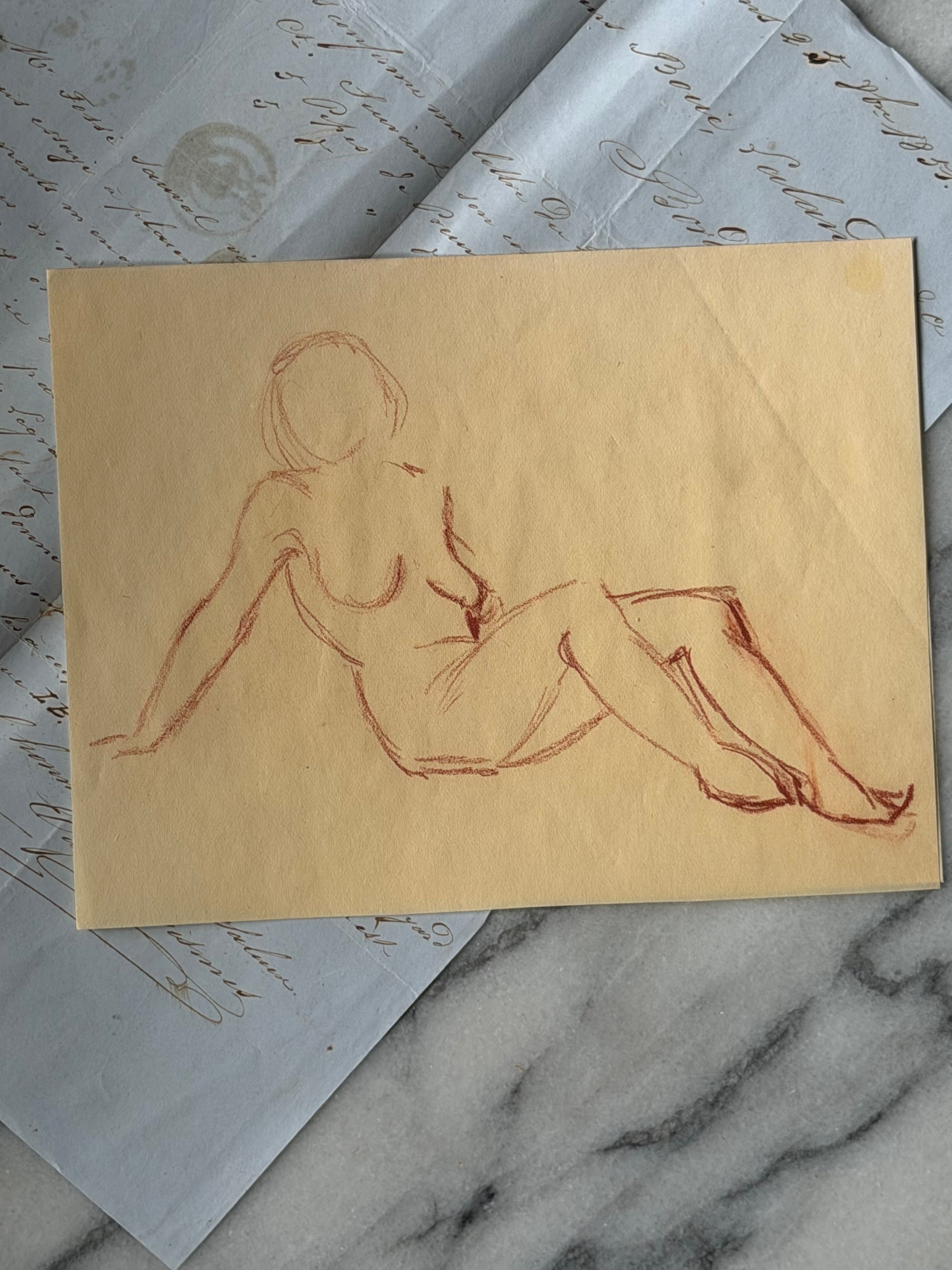 Vintage French Sanguine Reclining Nude Figure Study