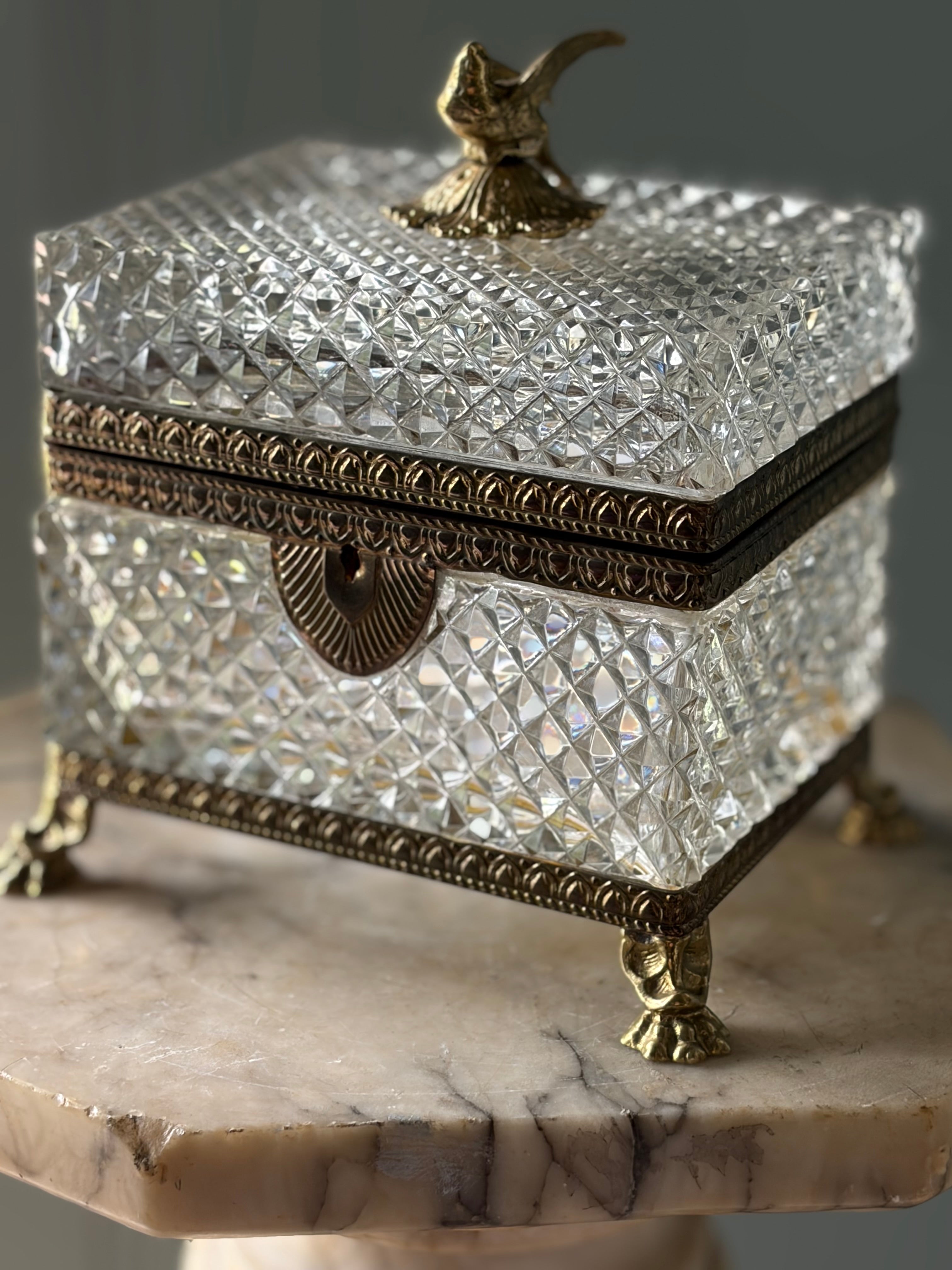 Antique French Crystal Casket with Dove Finial