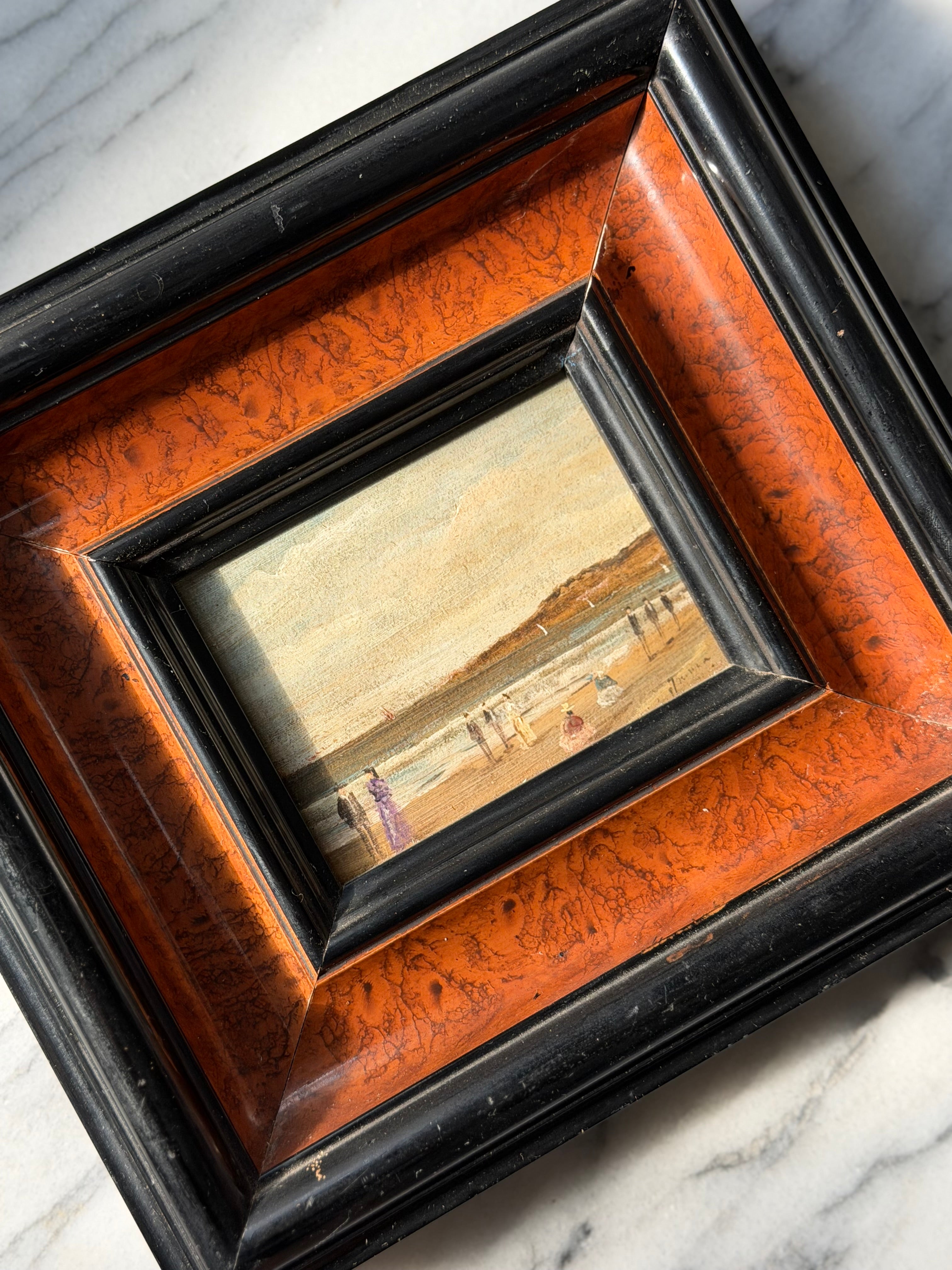 Antique French Beach Scene Painting on Board