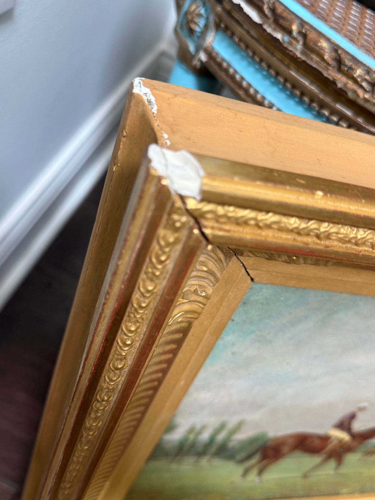 Late 19th Century French Sporting Oil on Panel — Two Jockeys at the Post, Original Giltwood Frame