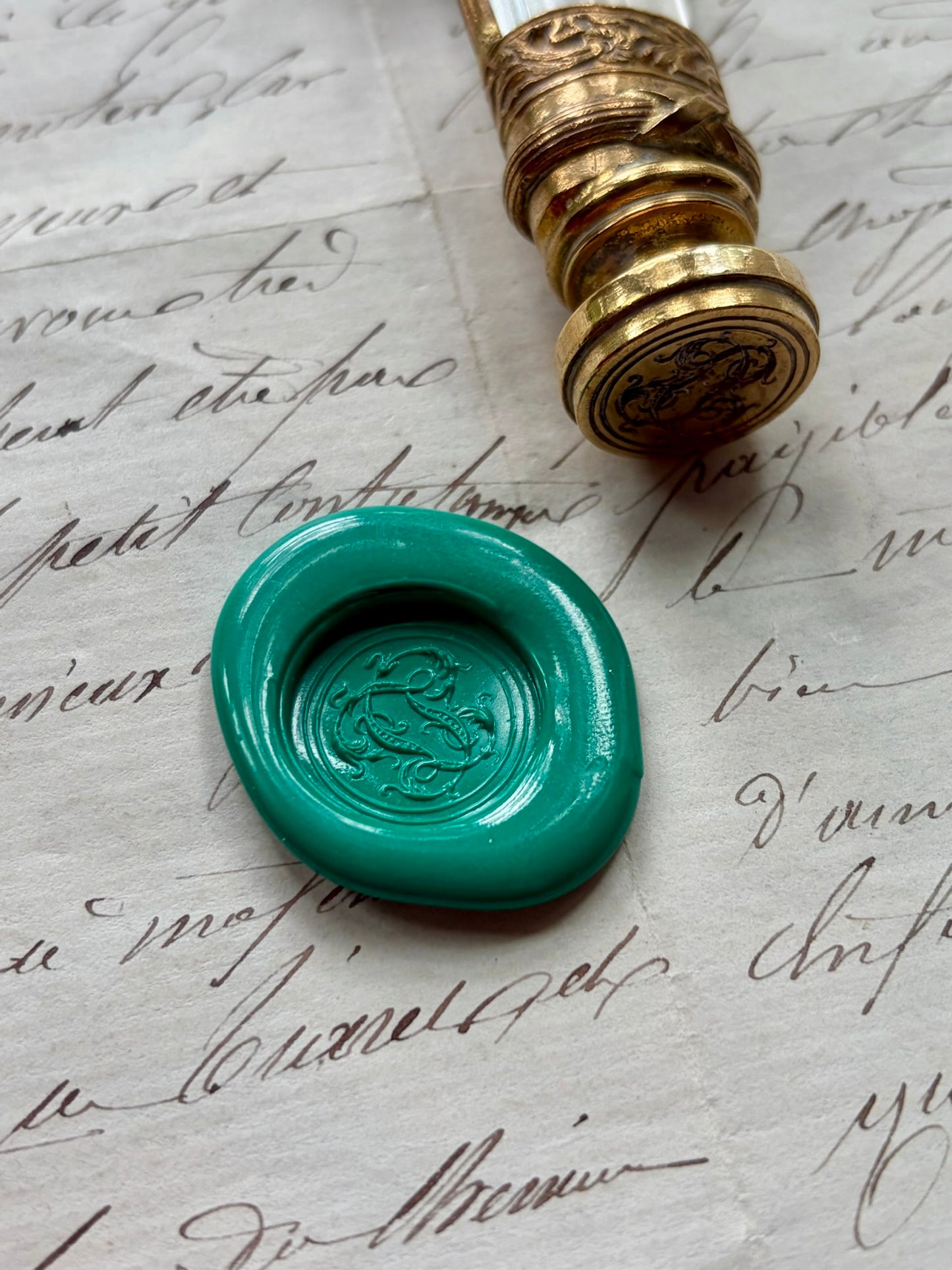Antique French Wax Seal — Crystal Handle, Gilded Bronze Garland Mount, Engraved Monogram, Napoleon III, 19th Century
