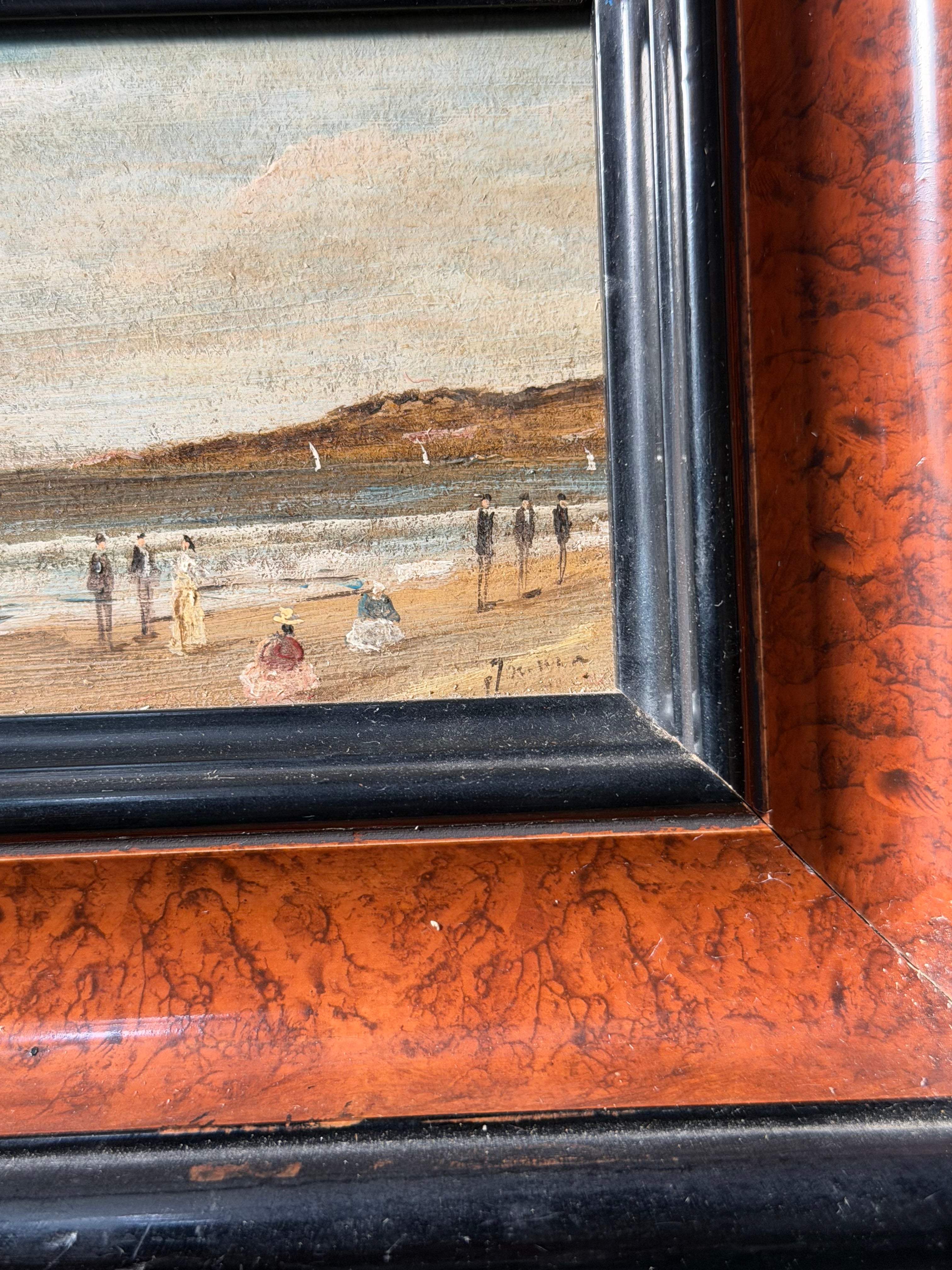 Antique French Beach Scene Painting on Board