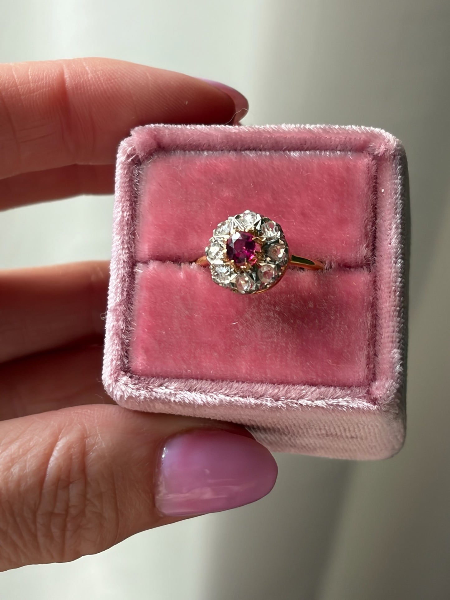 Vintage Ruby & Diamond Halo Ring in 18ct Gold & Platinum