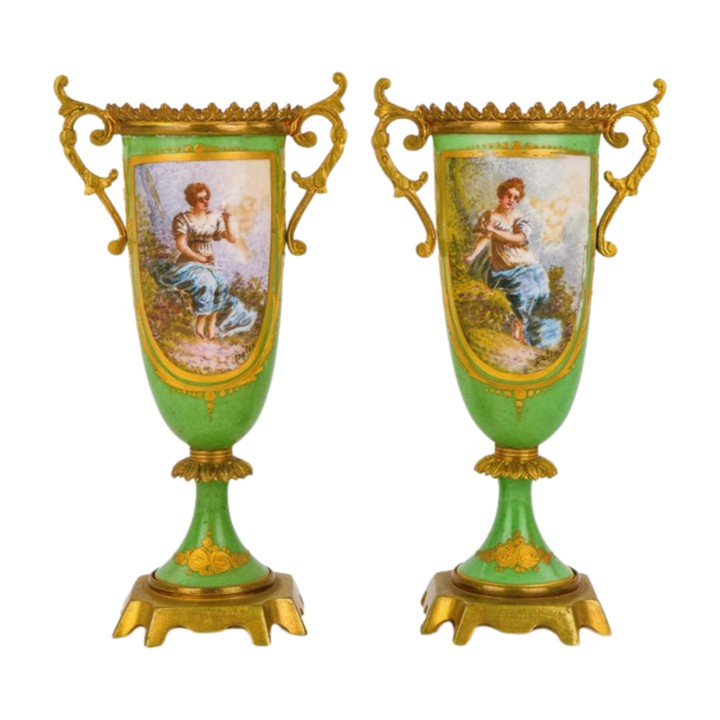 Pair of Miniature French Garniture Urn Vases – Hand-Painted & Ormolu Mounted
