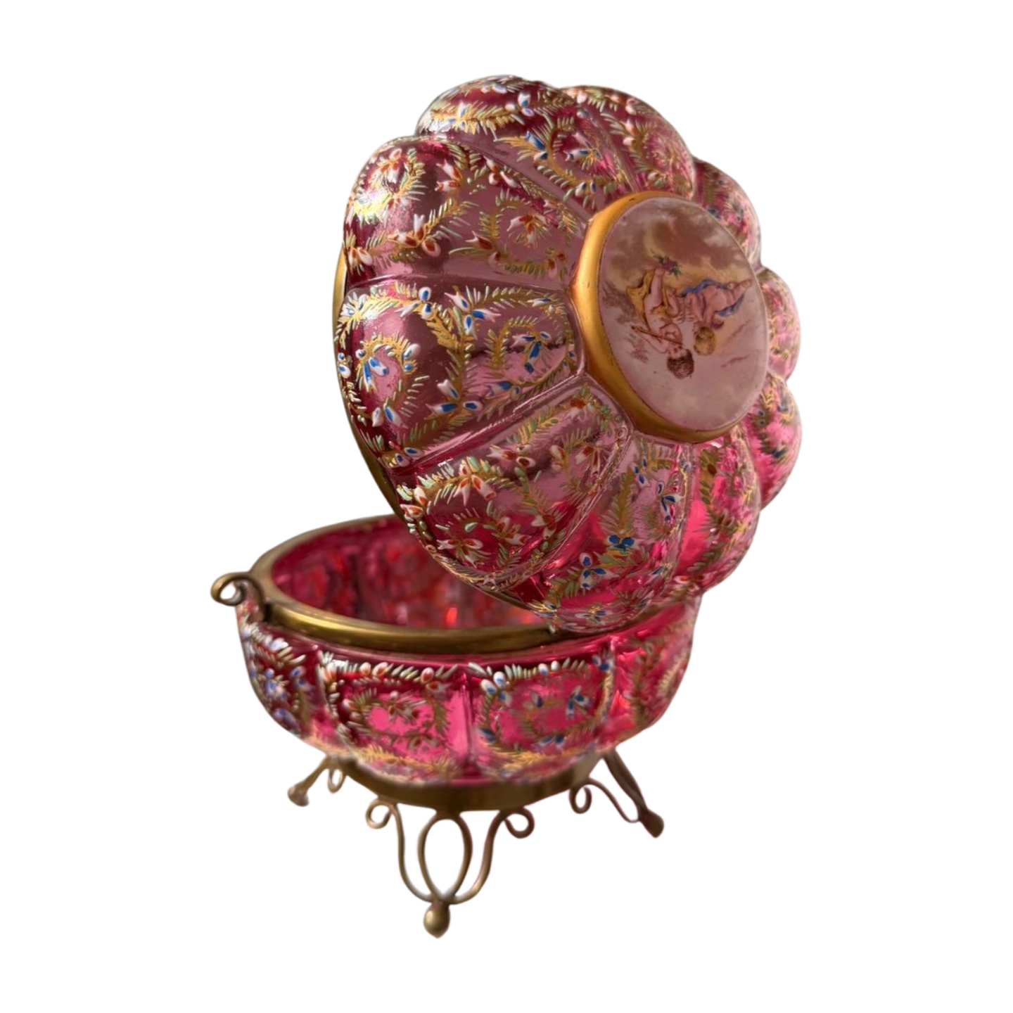 Antique Bohemian Cranberry Glass Casket with Cherub Enamel Lid – Hand-Painted Floral Gilding on Ormolu Mounts