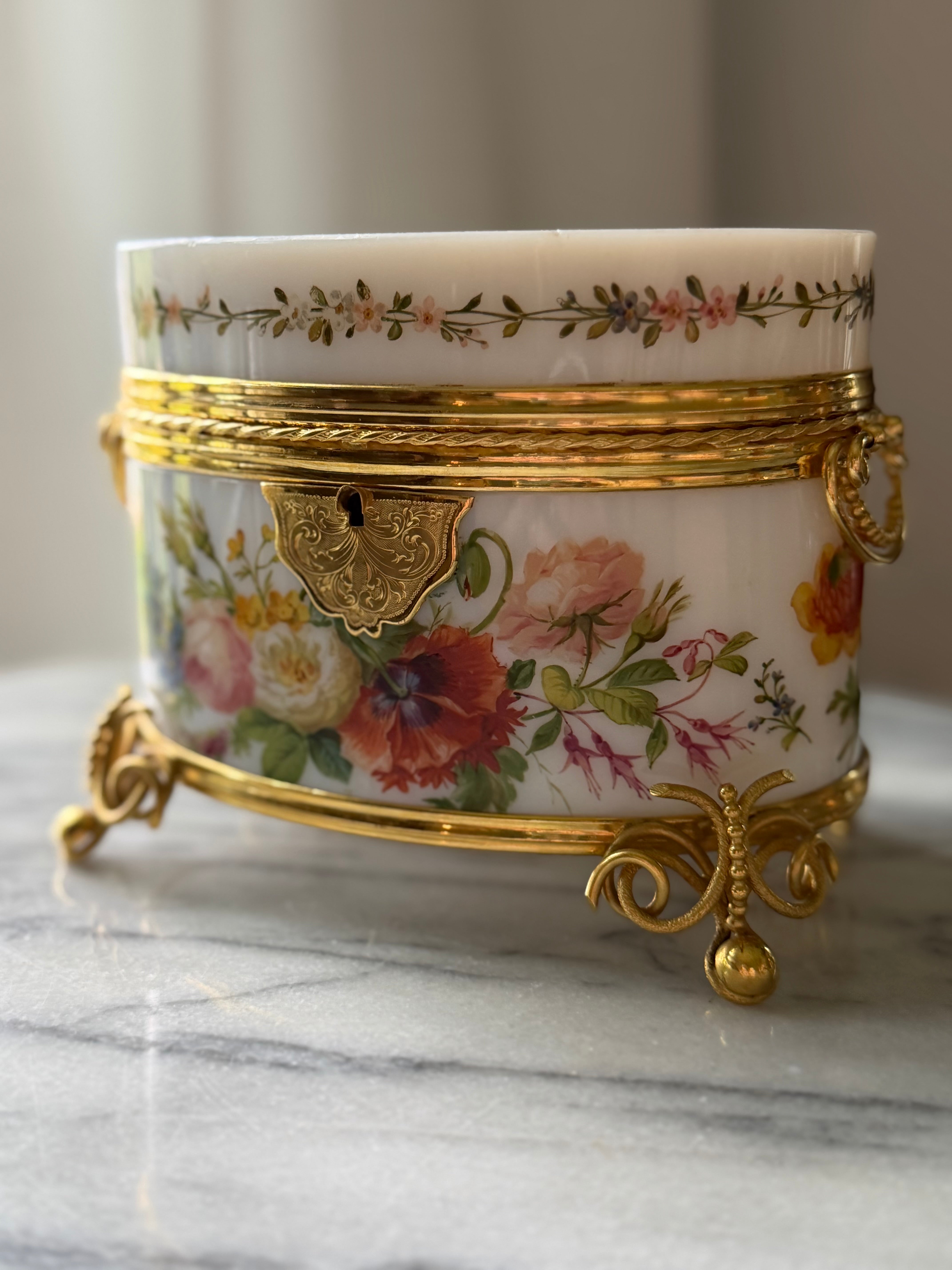 Antique French Opaline Floral Casket with Gilt Bronze Mounts