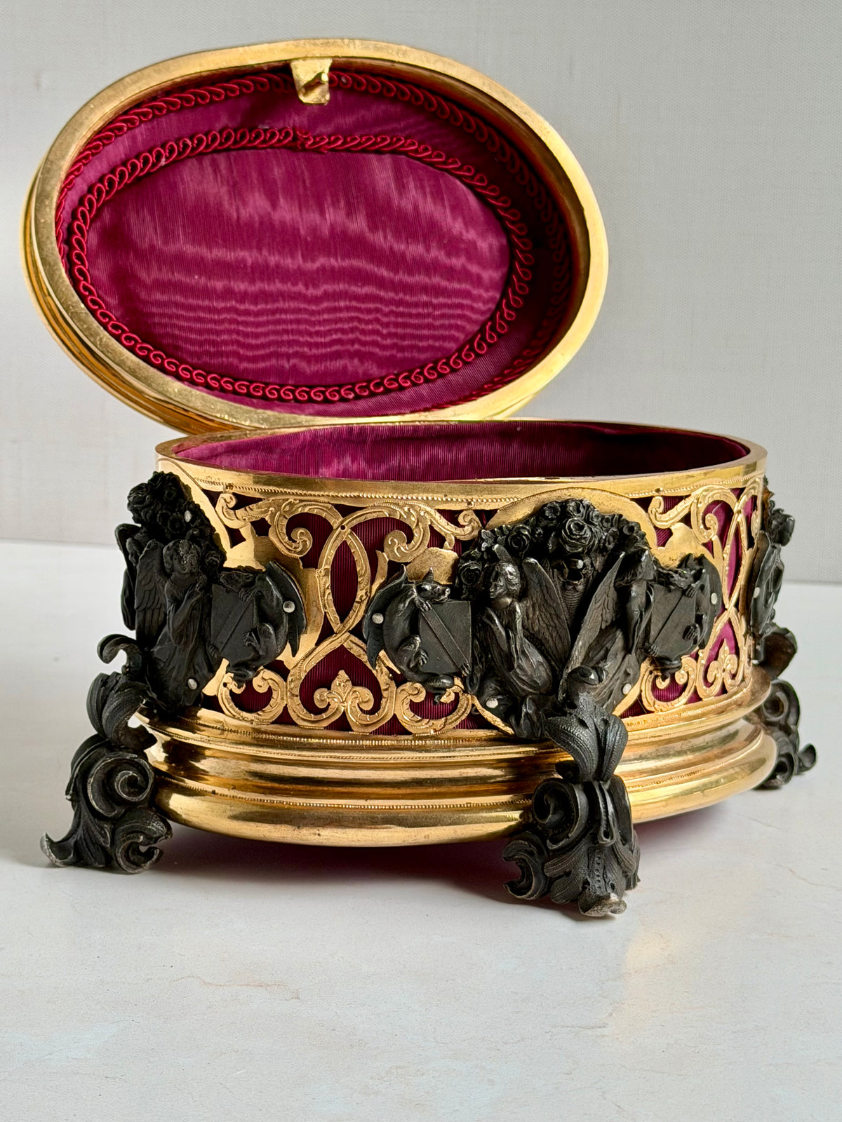 Antique French Tahan Paris Gilt Bronze Casket with Floral Medallion