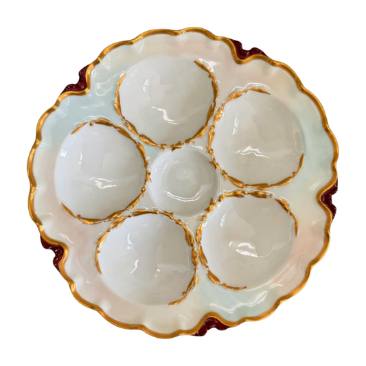 Antique Limoges Oyster Plate with Gilded Laurel & Burgundy Rim