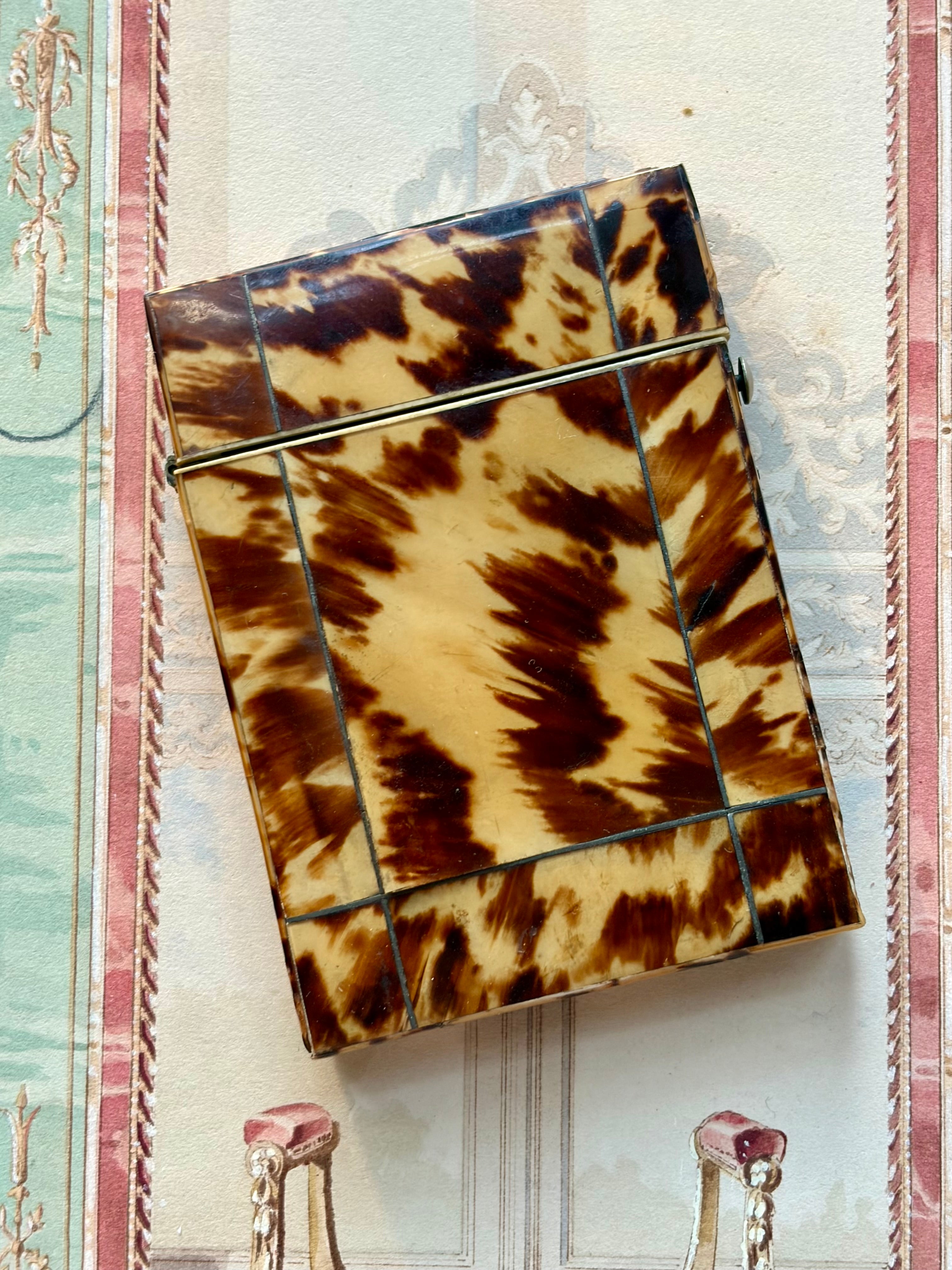 Antique Tortoiseshell Card Case with Silver Piqué Inlay