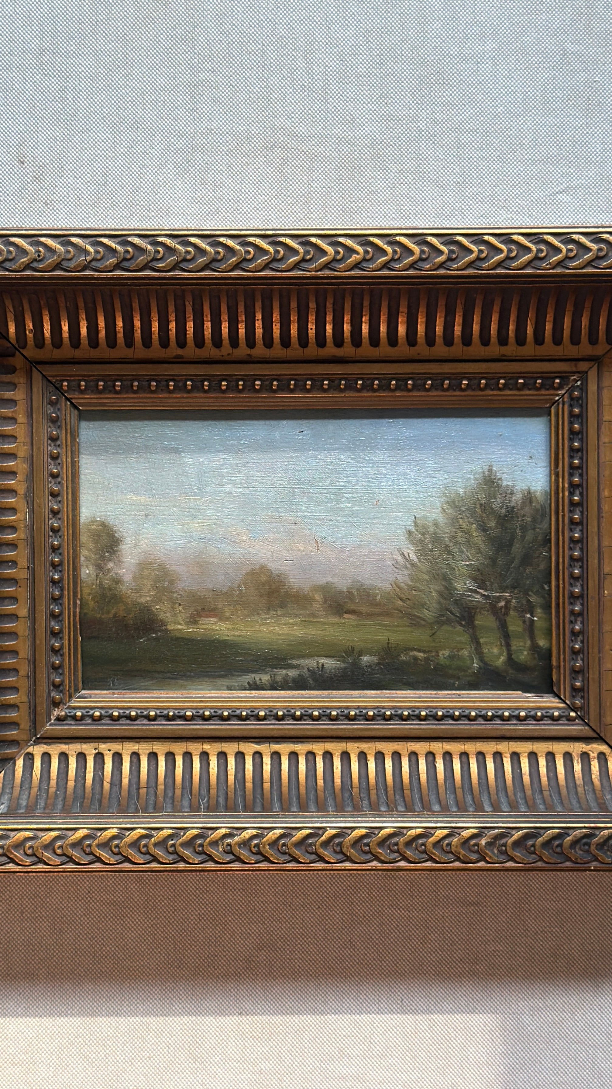 Antique French Oil on Panel Landscape in Carved Giltwood Frame